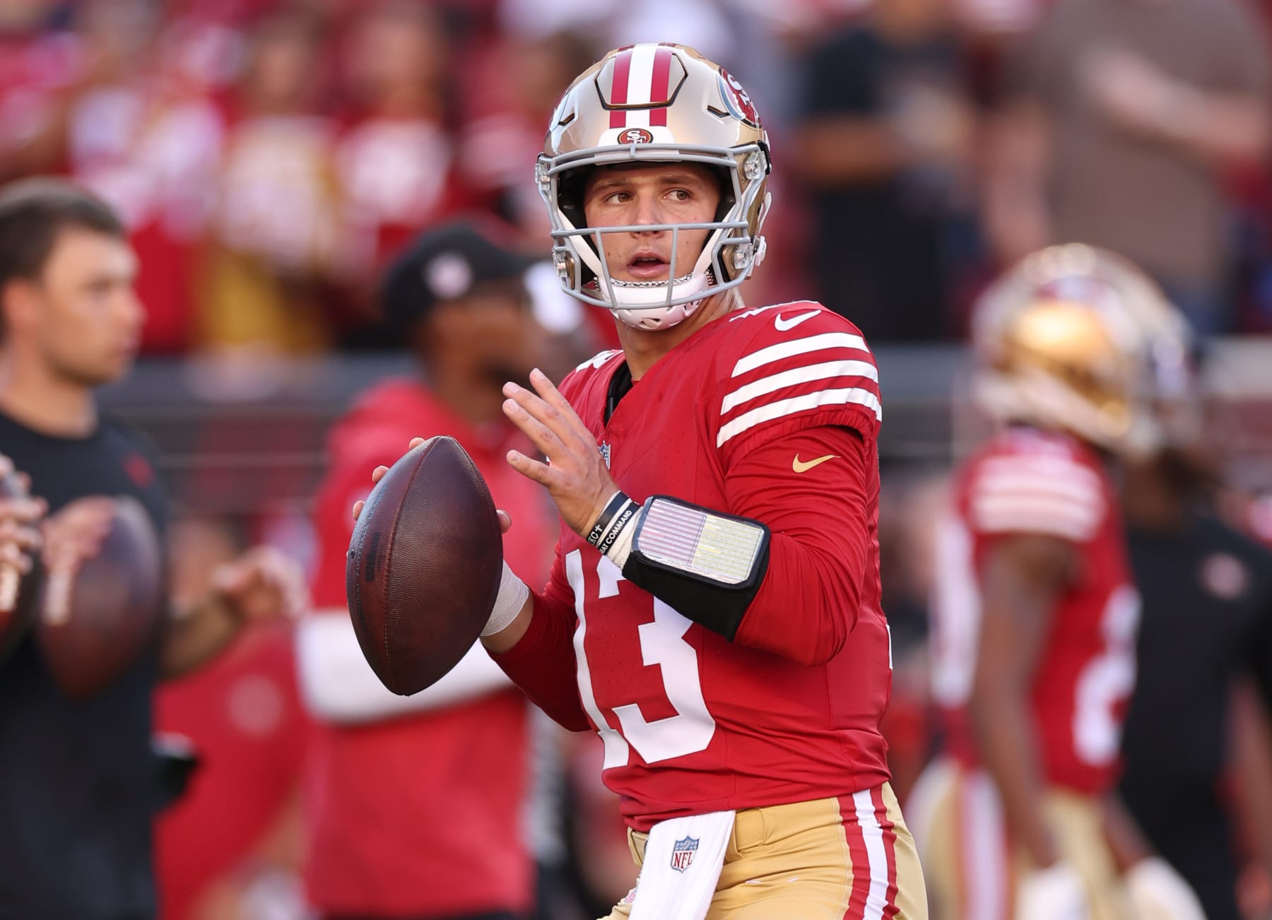 SANTA CLARA, CALIFORNIA - OCTOBER 08: Brock Purdy #13 of the San Francisco 49ers warms up prior to a game against the Dallas Cowboys at Levi's Stadium on October 08, 2023 in Santa Clara, California. (Photo by Ezra Shaw/Getty Images)