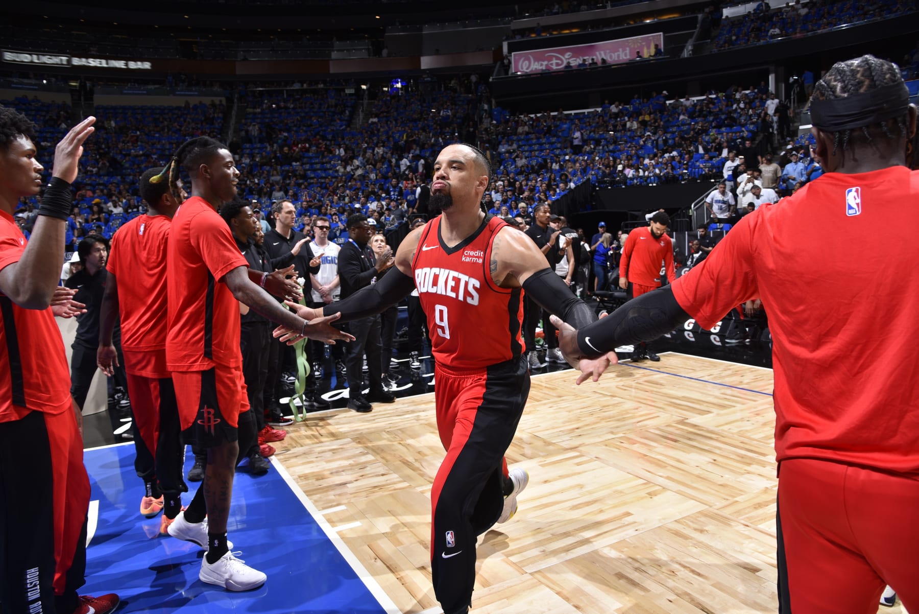 ORLANDO, FL - OCTOBER 25: Dillon Brooks #9 of the Houston Rockets is introduced before the game against the Orlando Magic on October 25, 2023 at Amway Center in Orlando, Florida. NOTE TO USER: User expressly acknowledges and agrees that, by downloading and or using this photograph, User is consenting to the terms and conditions of the Getty Images License Agreement. Mandatory Copyright Notice: Copyright 2023 NBAE (Photo by Gary Bassing/NBAE via Getty Images)