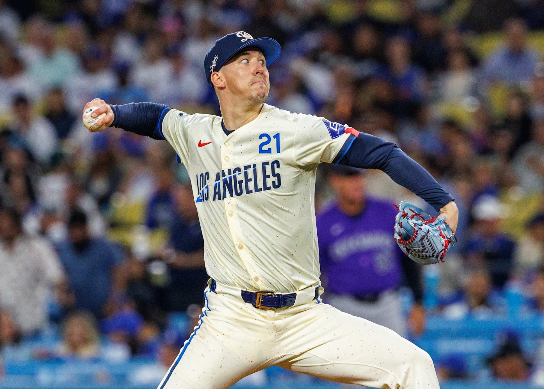 LOS ANGELES, CA - SEPTEMBER 21, 2024: Los Angeles Dodgers pitcher Walker Buehler (21) pitches to the Colorado Rockies in the fifth inning  at Dodgers Stadium  on September 21,  2024 in Los Angeles, California. (Gina Ferazzi / Los Angeles Times via Getty Images)
