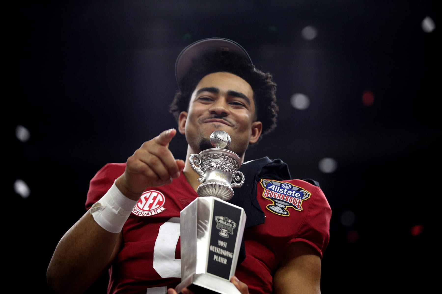 NEW ORLEANS, LOUISIANA - DECEMBER 31: Bryce Young #9 of the Alabama Crimson Tide celebrates after recieving MVP award during of the Allstate Sugar Bowl against the Kansas State Wildcats at Caesars Superdome on December 31, 2022 in New Orleans, Louisiana. Alabama Crimson Tide won the game 45 - 20. (Photo by Sean Gardner/Getty Images)