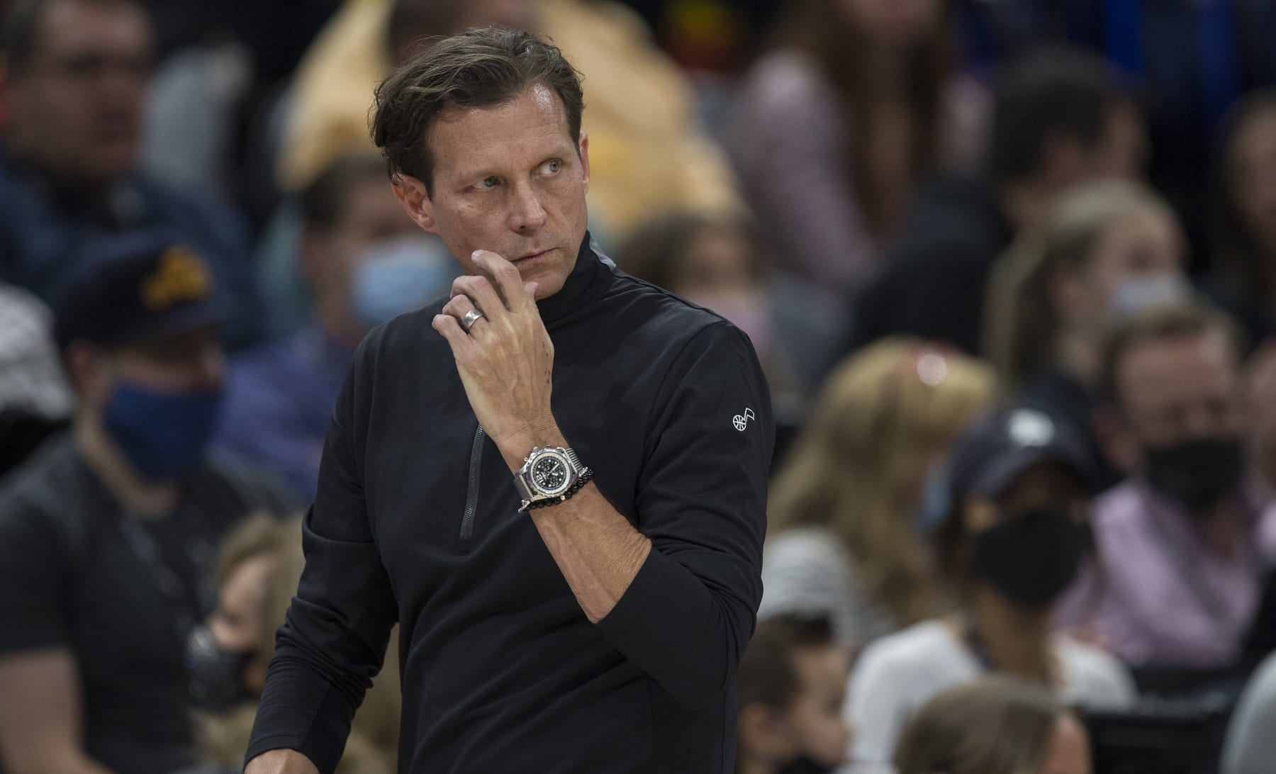 SALT LAKE CITY, UT -  NOVEMBER 27: Quin Snyder head coach of the Utah Jazz paces the sideline during their game against the New Orleans Pelicans November 27, 2021 at the Vivint Smart Home Arena in Salt Lake City, Utah. NOTE TO USER: User expressly acknowledges and agrees that, by downloading and/or using this Photograph, user is consenting to the terms and conditions of the Getty Images License Agreement.(Photo by Chris Gardner/Getty Images)