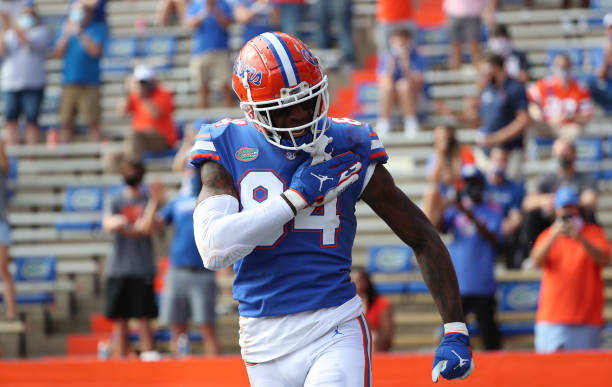 GAINESVILLE, FL - NOVEMBER 28: Kyle PItts #84 of the Florida Gators celebrates scoring a touchdown against the Kentucky Wildcats at Ben Hill Griffin Stadium on November 28, 2020 in Gainesville, Florida. (Photo by Courtney Culbreath/Collegiate Images/Getty Images)