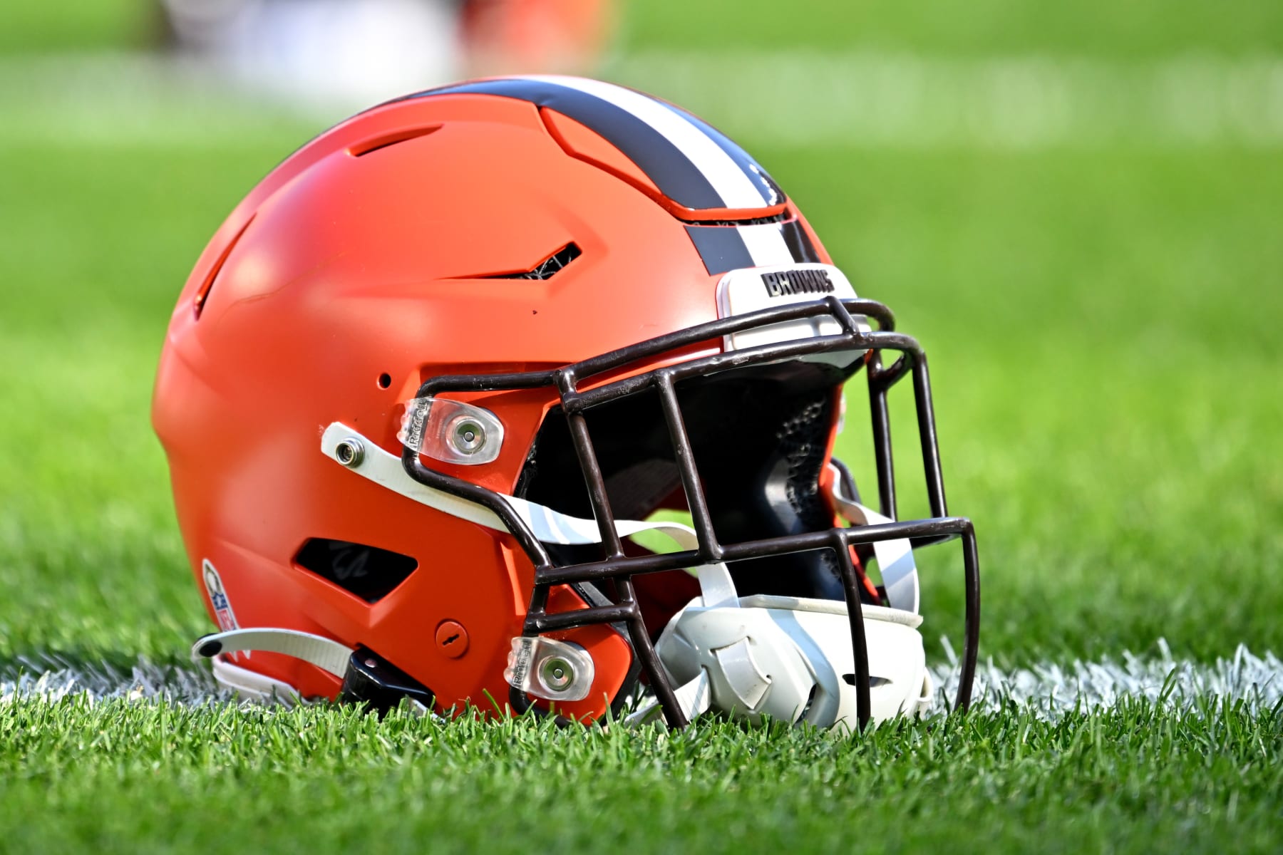 CLEVELAND, OHIO - NOVEMBER 05: A detail view of a Cleveland Browns helmet before the game against the Arizona Cardinals at Cleveland Browns Stadium on November 05, 2023 in Cleveland, Ohio. (Photo by Jason Miller/Getty Images)