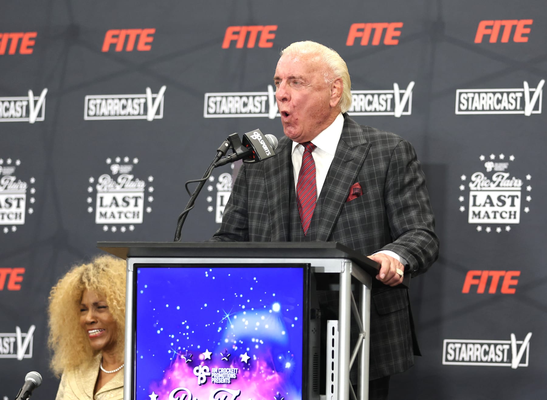 NASHVILLE, TENNESSEE - JUNE 23: Nashville Deputy Mayor Brenda Haywood and American wrestler Ric Flair attend a press conference where July 31rst is declared “Ric Flair Day” in Music City at Nashville Fairgrounds on June 23, 2022 in Nashville, Tennessee. (Photo by Jason Kempin/Getty Images)