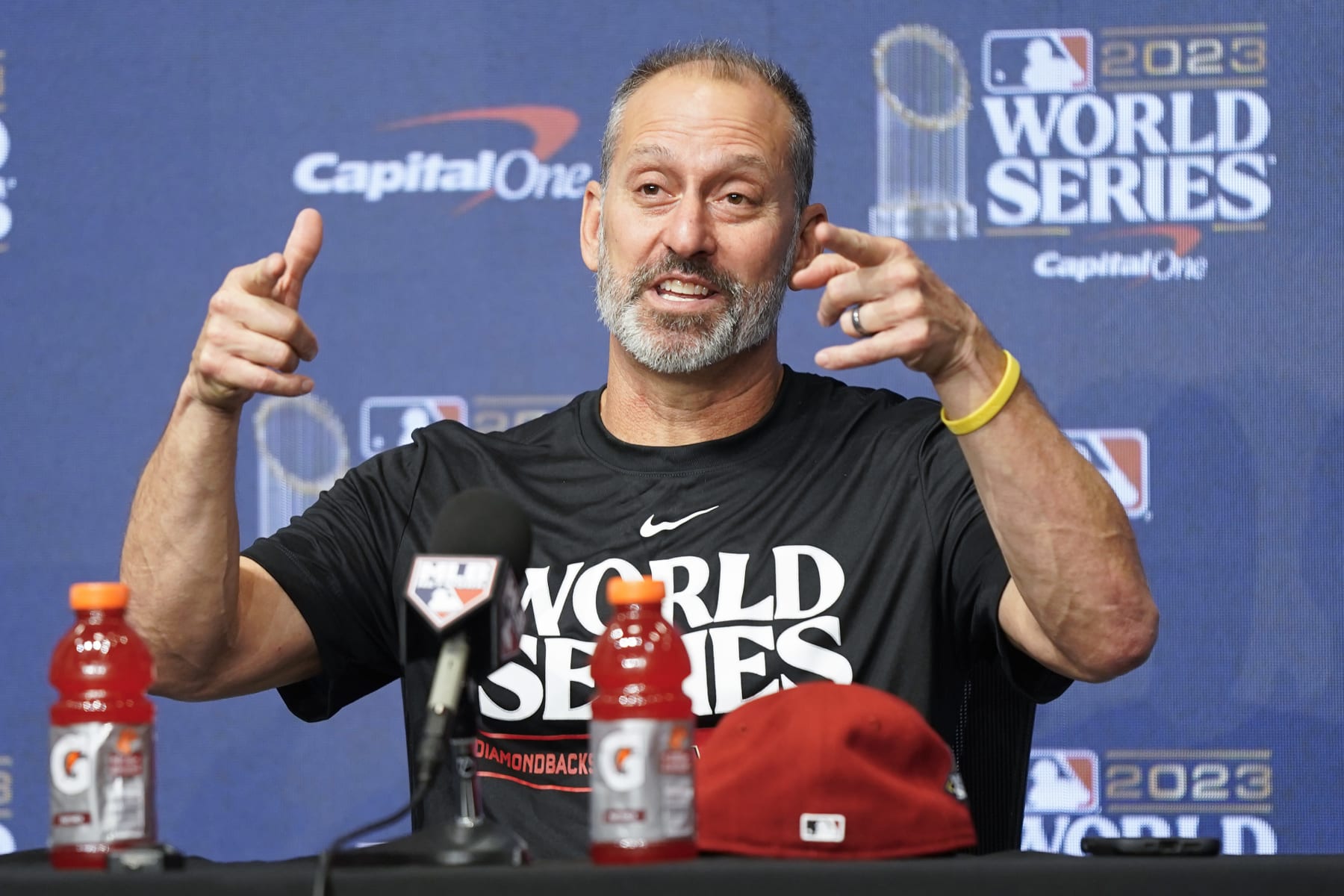 ARLINGTON, TEXAS - OCTOBER 26: Manager Torey Lovullo of the Arizona Diamondbacks speaks to the media during the World Series Workout Day at Globe Life Field on October 26, 2023 in Arlington, Texas. (Photo by Sam Hodde/Getty Images)
