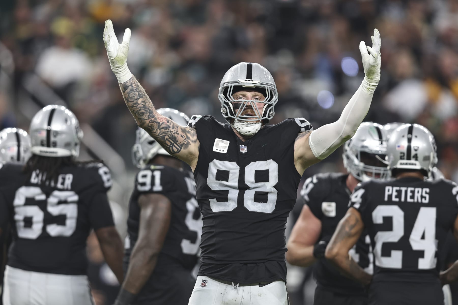 LAS VEGAS, NEVADA - OCTOBER 09: Maxx Crosby #98 of the Las Vegas Raiders reacts during an NFL football game between the Las Vegas Raiders and the Green Bay Packers at Allegiant Stadium on October 09, 2023 in Las Vegas, Nevada. (Photo by Michael Owens/Getty Images)
