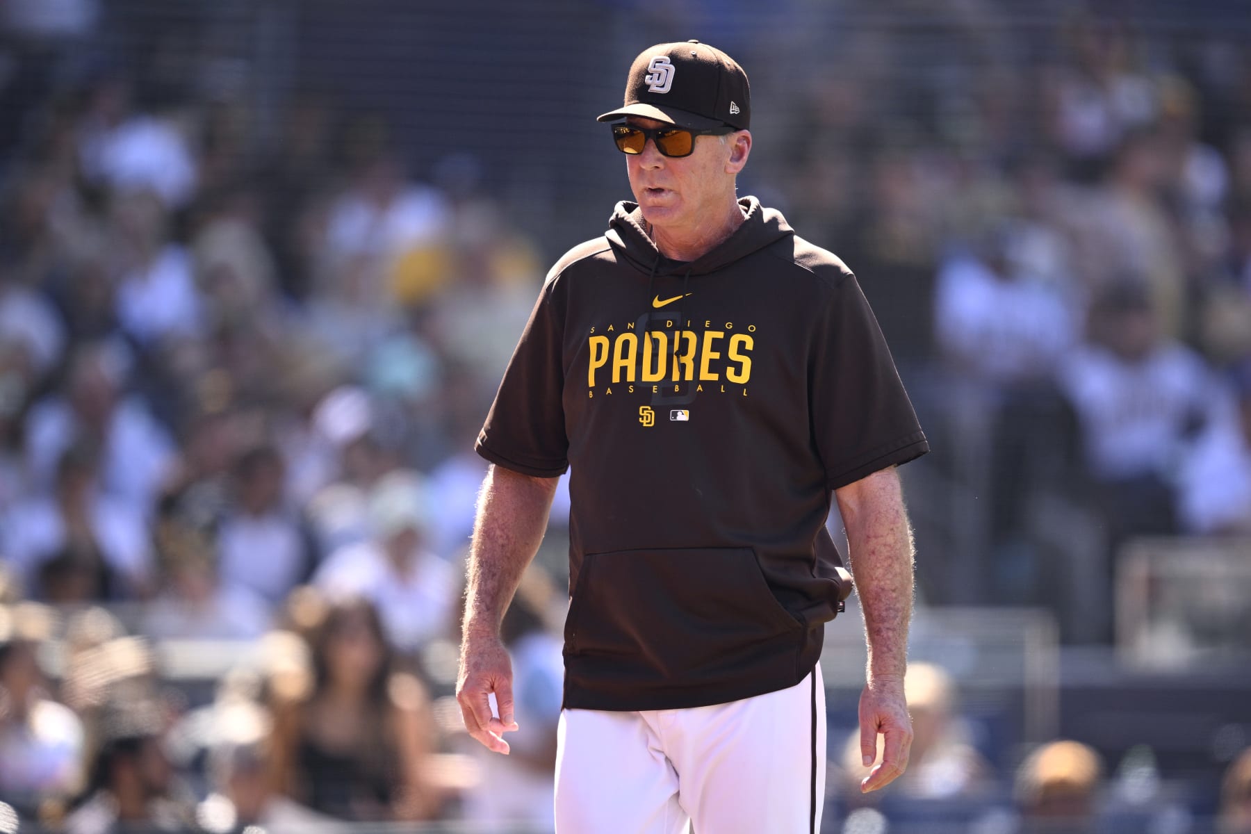 SAN DIEGO, CALIFORNIA - SEPTEMBER 24: Manager Bob Melvin #3 of the San Diego Padres looks on against the St. Louis Cardinals at PETCO Park on September 24, 2023 in San Diego, California. (Photo by Orlando Ramirez/Getty Images)