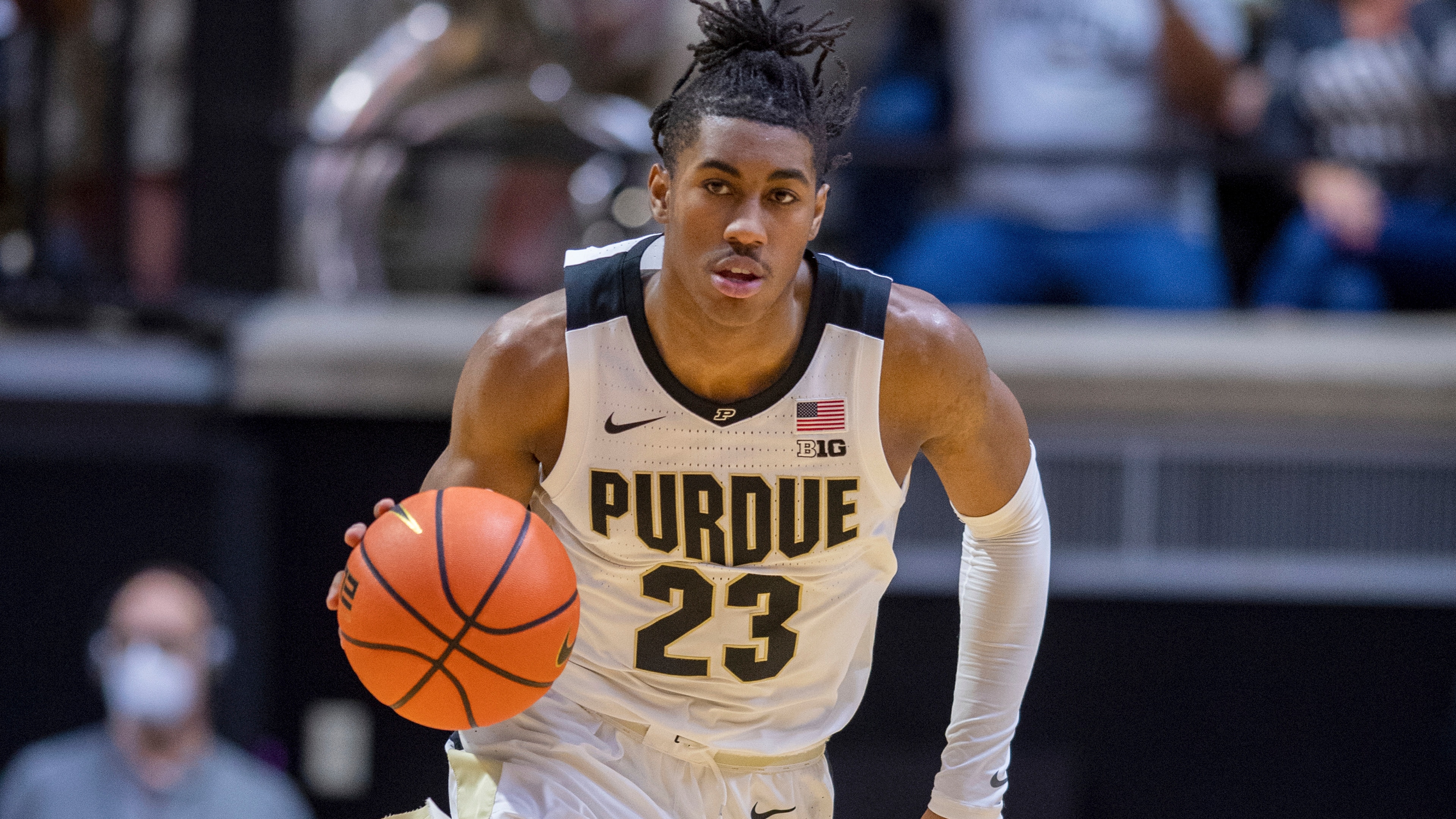 Purdue guard Jaden Ivey (23) during an NCAA college basketball game against Rutgers in West Lafayette, Ind., Sunday, Feb. 20, 2022. (AP Photo/Doug McSchooler)