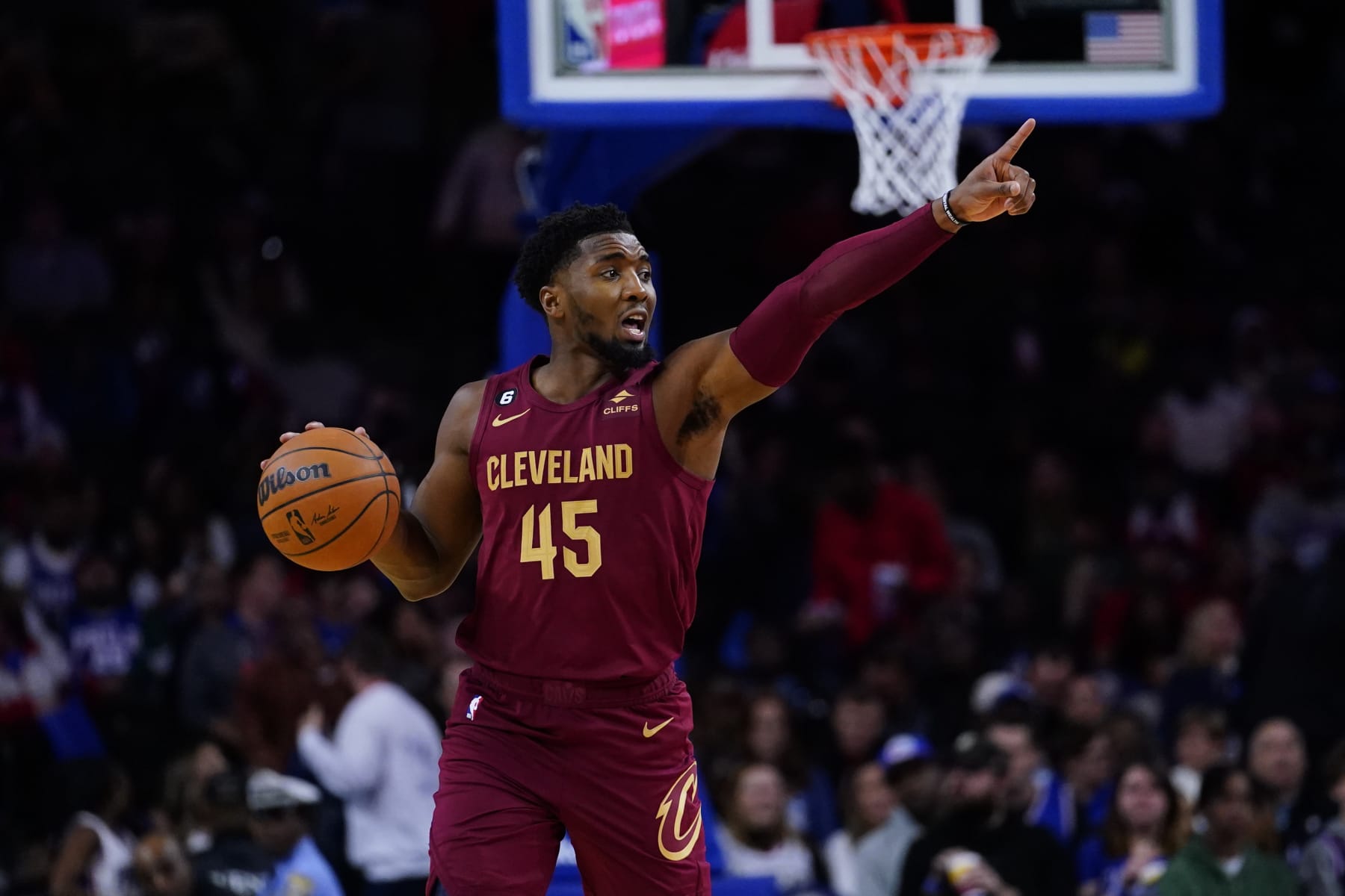 Cleveland Cavaliers' Donovan Mitchell plays during a preseason NBA basketball game, Wednesday, Oct. 5, 2022, in Philadelphia. (AP Photo/Matt Slocum)