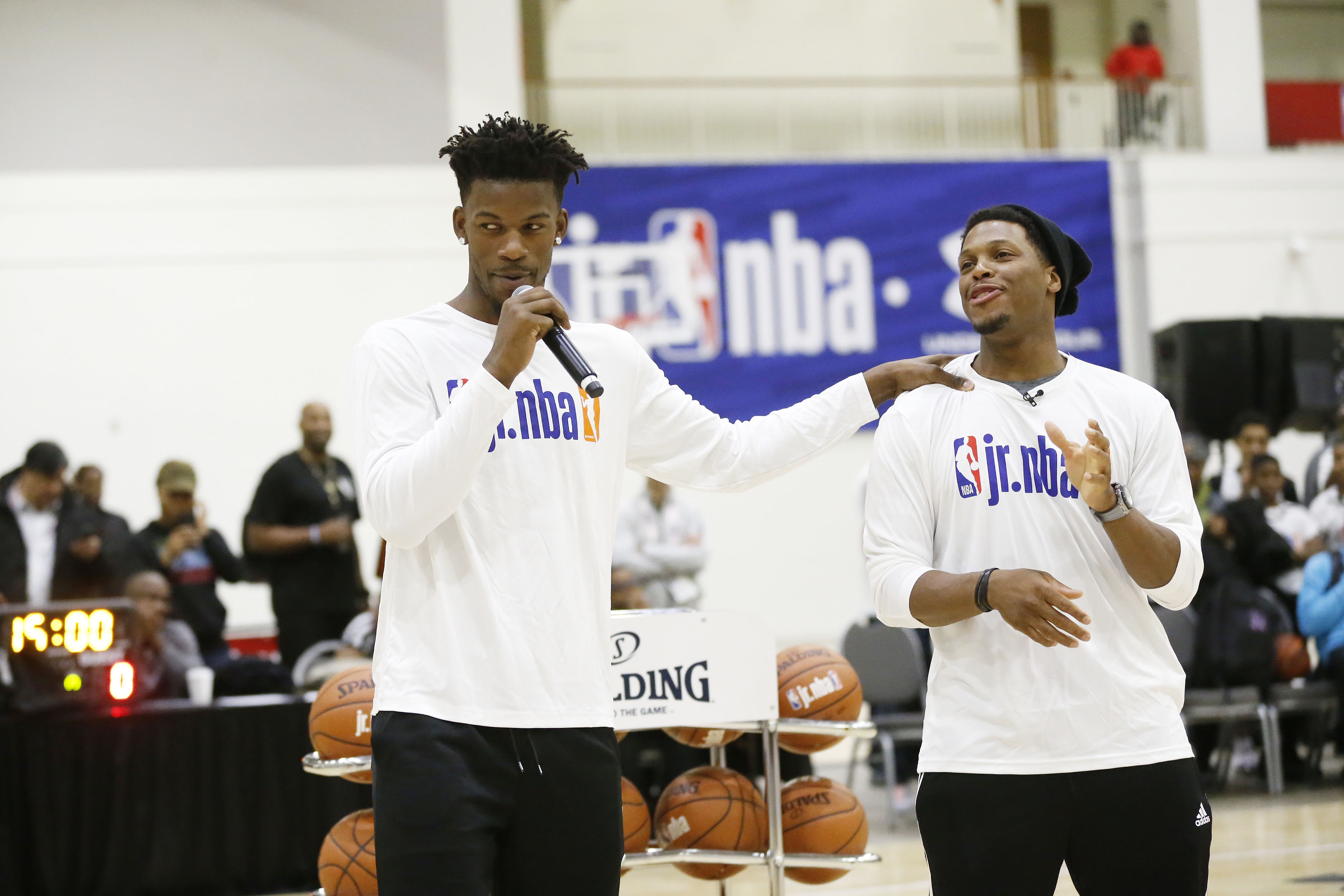 CHICAGO, IL - FEBRUARY 16: Jimmy Butler #22 of the Miami Heat and Kyle Lowry #7 of the Toronto Raptors speak during the 2020 Jr. NBA 3v3 All-Star Tournament on February 16, 2020 at Navy Pier in Chicago, Illinois. NOTE TO USER: User expressly acknowledges and agrees that, by downloading and or using this photograph, User is consenting to the terms and conditions of the Getty Images License Agreement. Mandatory Copyright Notice: Copyright 2020 NBAE (Photo by Kevin Tanaka/NBAE via Getty Images)