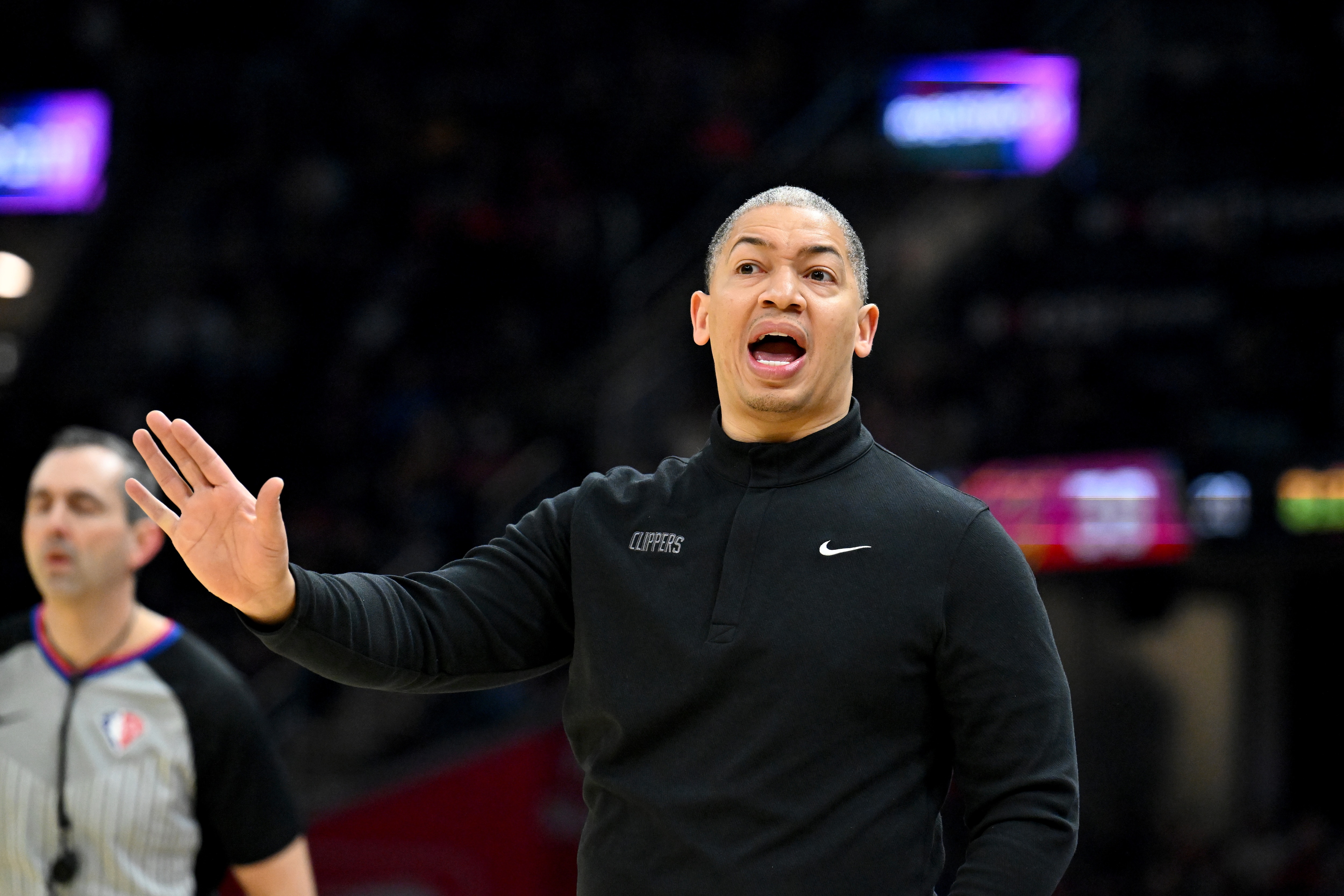 CLEVELAND, OHIO - MARCH 14: Head coach Tyron Lue of the LA Clippers reacts during the second quarter against the Cleveland Cavaliers at Rocket Mortgage Fieldhouse on March 14, 2022 in Cleveland, Ohio. NOTE TO USER: User expressly acknowledges and agrees that, by downloading and/or using this photograph, user is consenting to the terms and conditions of the Getty Images License Agreement. (Photo by Jason Miller/Getty Images)