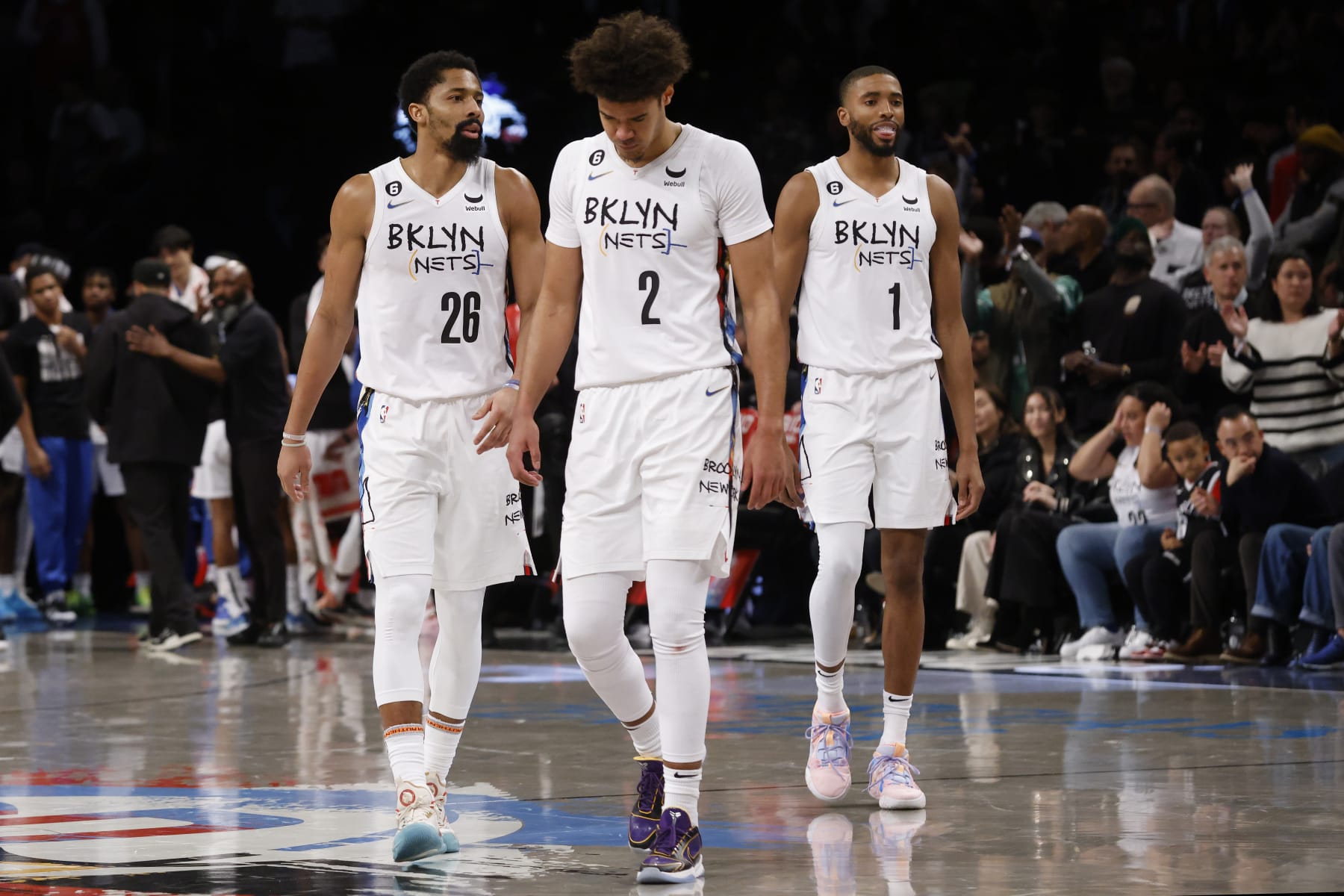 L-R, Spencer Dinwiddie, Cam Johnson, Mikal Bridges