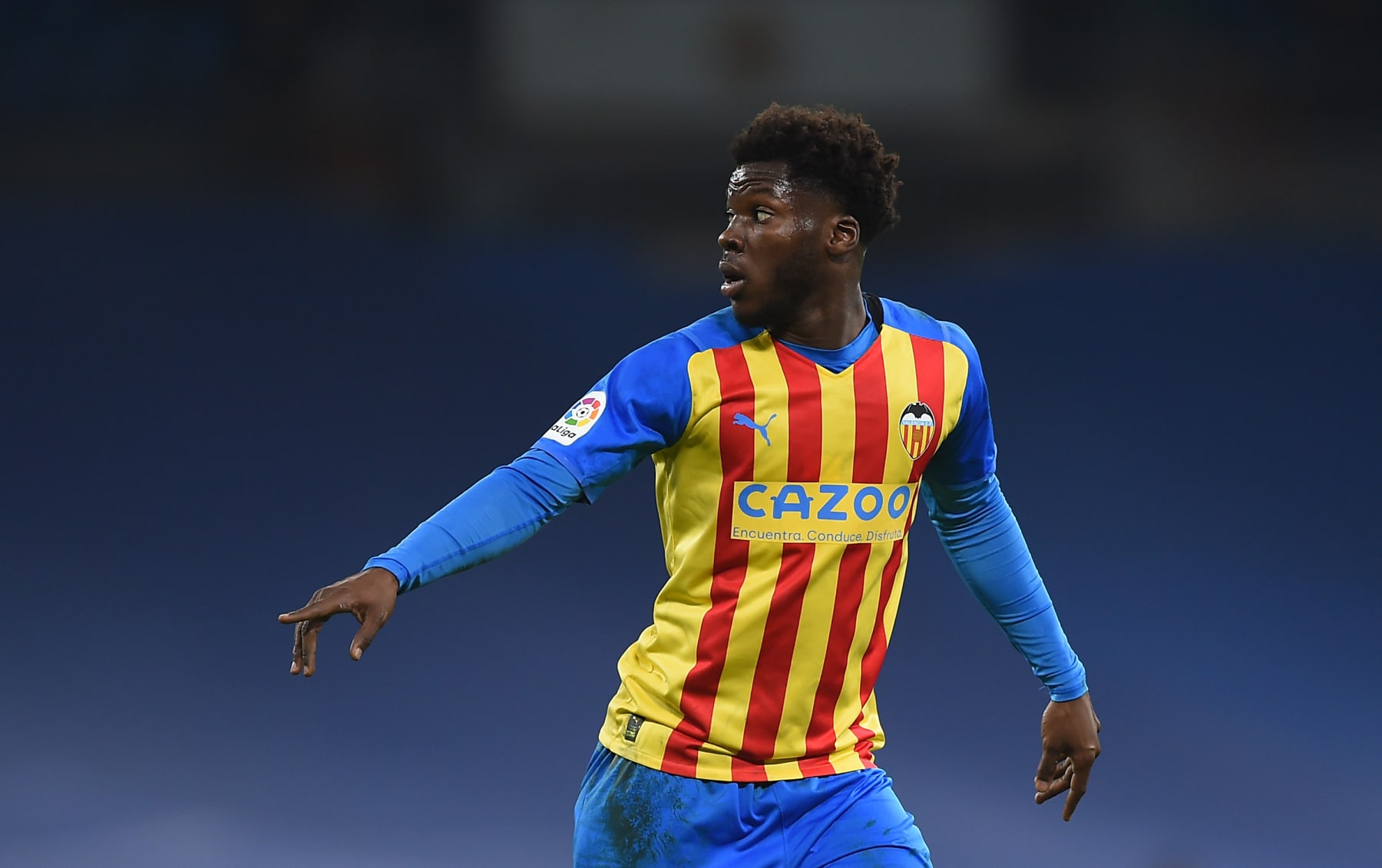 MADRID, SPAIN - FEBRUARY 02: Yunus Musah of Valencia CF reacts during the LaLiga Santander match between Real Madrid CF and Valencia CF at Estadio Santiago Bernabeu on February 02, 2023 in Madrid, Spain. (Photo by Denis Doyle/Getty Images)
