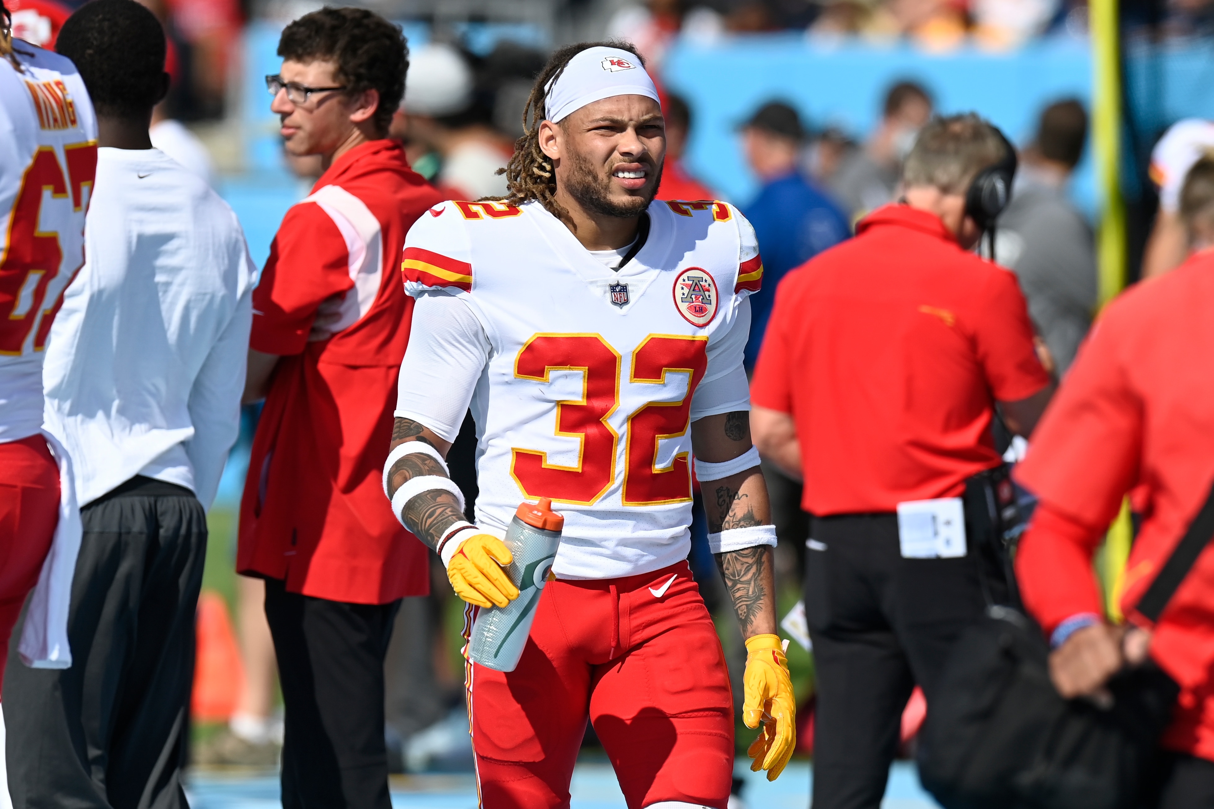 Kansas City Chiefs free safety Tyrann Mathieu (32) walks on the sideline in the first half of an NFL football game against the Tennessee Titans Sunday, Oct. 24, 2021, in Nashville, Tenn. (AP Photo/Mark Zaleski)