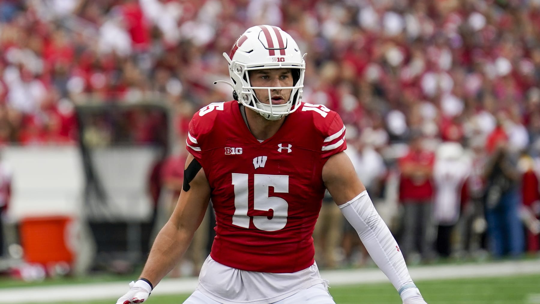 Wisconsin safety John Torchio (15) during first half of an NCAA football game against Washington State on Saturday, Sept. 10, 2022, in Madison, Wis. (AP Photo/Andy Manis)