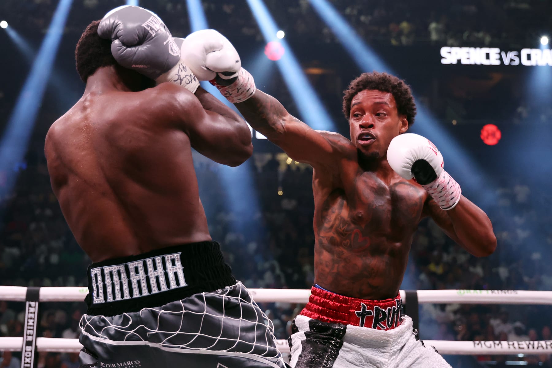 LAS VEGAS, NEVADA - JULY 29: Errol Spence Jr. punches Terence Crawford during round 2 of the World Welterweight Championship bout at T-Mobile Arena on July 29, 2023 in Las Vegas, Nevada. (Photo by Al Bello/Getty Images)