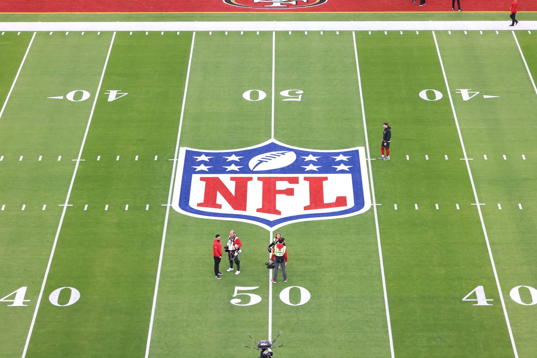LAS VEGAS, NV - FEBRUARY 11: A general view of the NFL logo painted on the 50 yard line prior to Super Bowl LVIII between the Kansas City Chiefs and the San Francisco 49ers on February 11, 2024, at Allegiant Stadium in Las Vegas, NV. (Photo by Marc Sanchez/Icon Sportswire via Getty Images)
