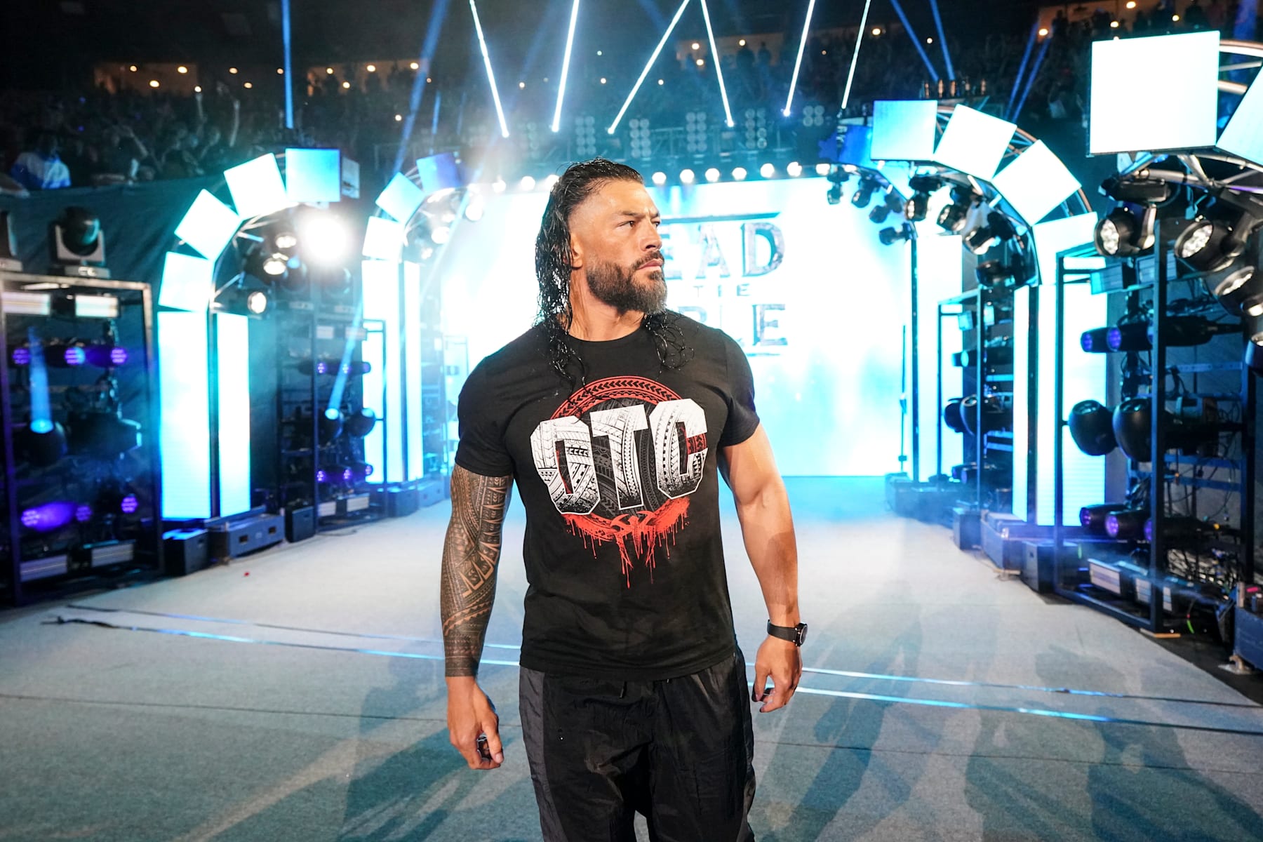 CLEVELAND, OHIO - AUGUST 03: Roman Reigns returns during SummerSlam at Cleveland Browns Stadium on August 3, 2024 in Cleveland, Ohio. (Photo by WWE/Getty Images)