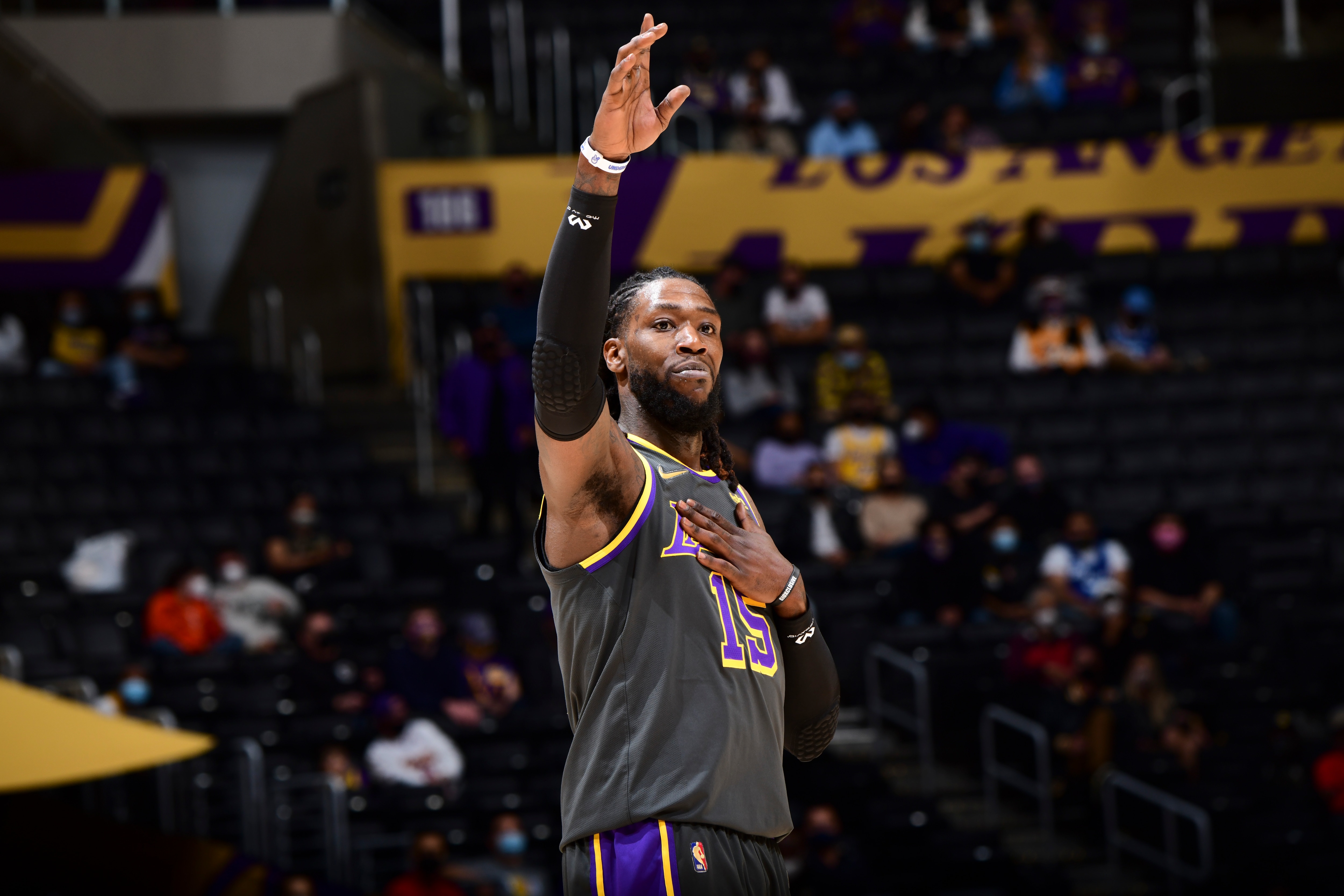 LOS ANGELES, CA - MAY 12: Montrezl Harrell #15 of the Los Angeles Lakers reacts to a play during the game against the Houston Rockets on May 12, 2021 at STAPLES Center in Los Angeles, California. NOTE TO USER: User expressly acknowledges and agrees that, by downloading and/or using this Photograph, user is consenting to the terms and conditions of the Getty Images License Agreement. Mandatory Copyright Notice: Copyright 2021 NBAE (Photo by Adam Pantozzi/NBAE via Getty Images)
