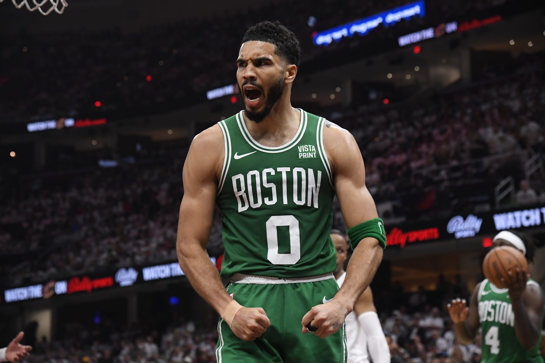 CLEVELAND, OH - MAY 11:  Jayson Tatum #0 of the Boston Celtics celebrates during the game  against the Cleveland Cavaliers during Round 2 Game 3 of the 2024 NBA Playoffs on May 11, 2024 at Rocket Mortgage FieldHouse in Cleveland, Ohio. NOTE TO USER: User expressly acknowledges and agrees that, by downloading and/or using this Photograph, user is consenting to the terms and conditions of the Getty Images License Agreement. Mandatory Copyright Notice: Copyright 2024 NBAE (Photo by Brian Babineau/NBAE via Getty Images)