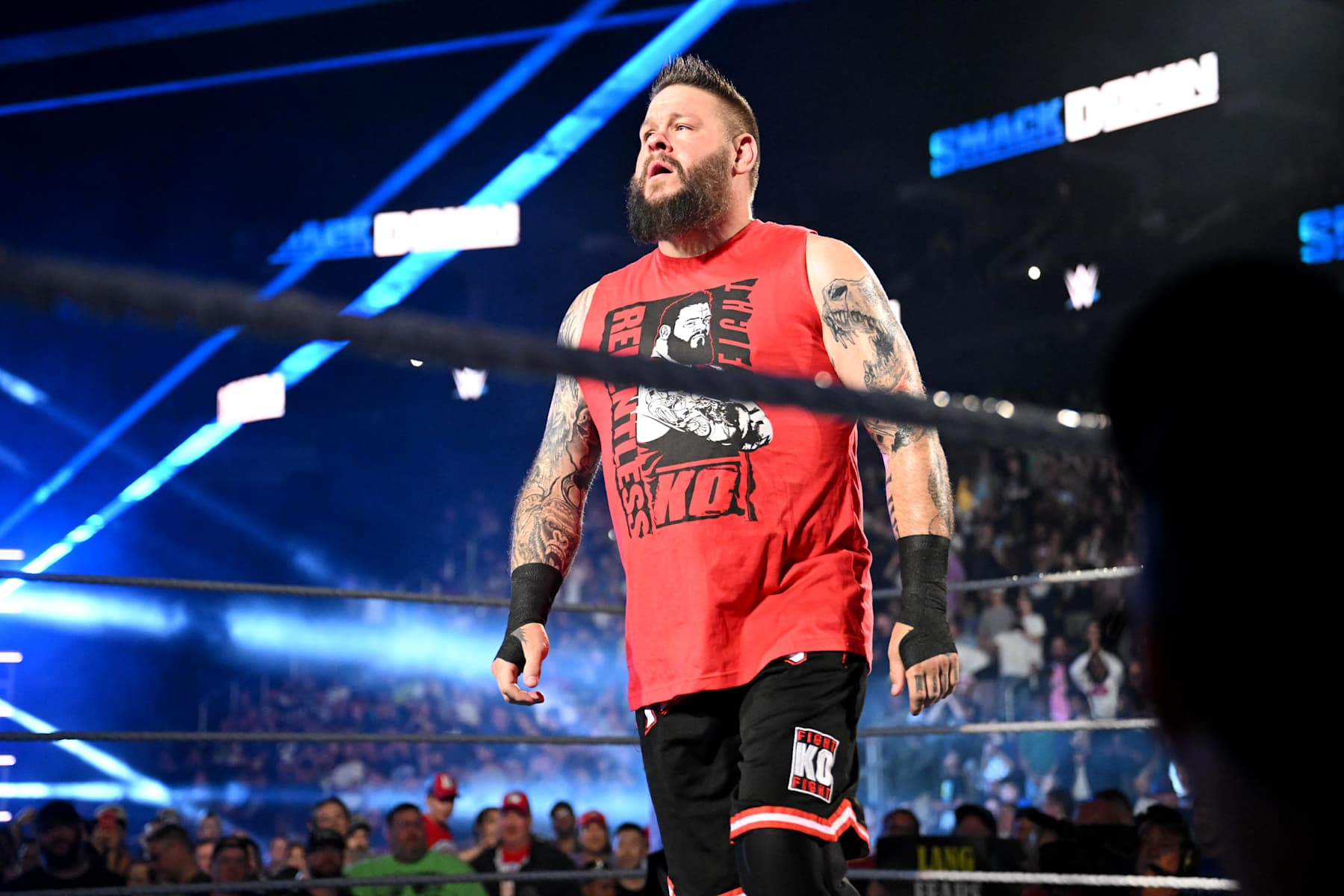 EDMONTON, CANADA - SEPTEMBER 6: Kevin Owens makes his entrance to the ringduring WWE Friday Night SmackDown at Rogers Place on September 6, 2024 in Edmonton, Canada.  (Photo by WWE/Getty Images)