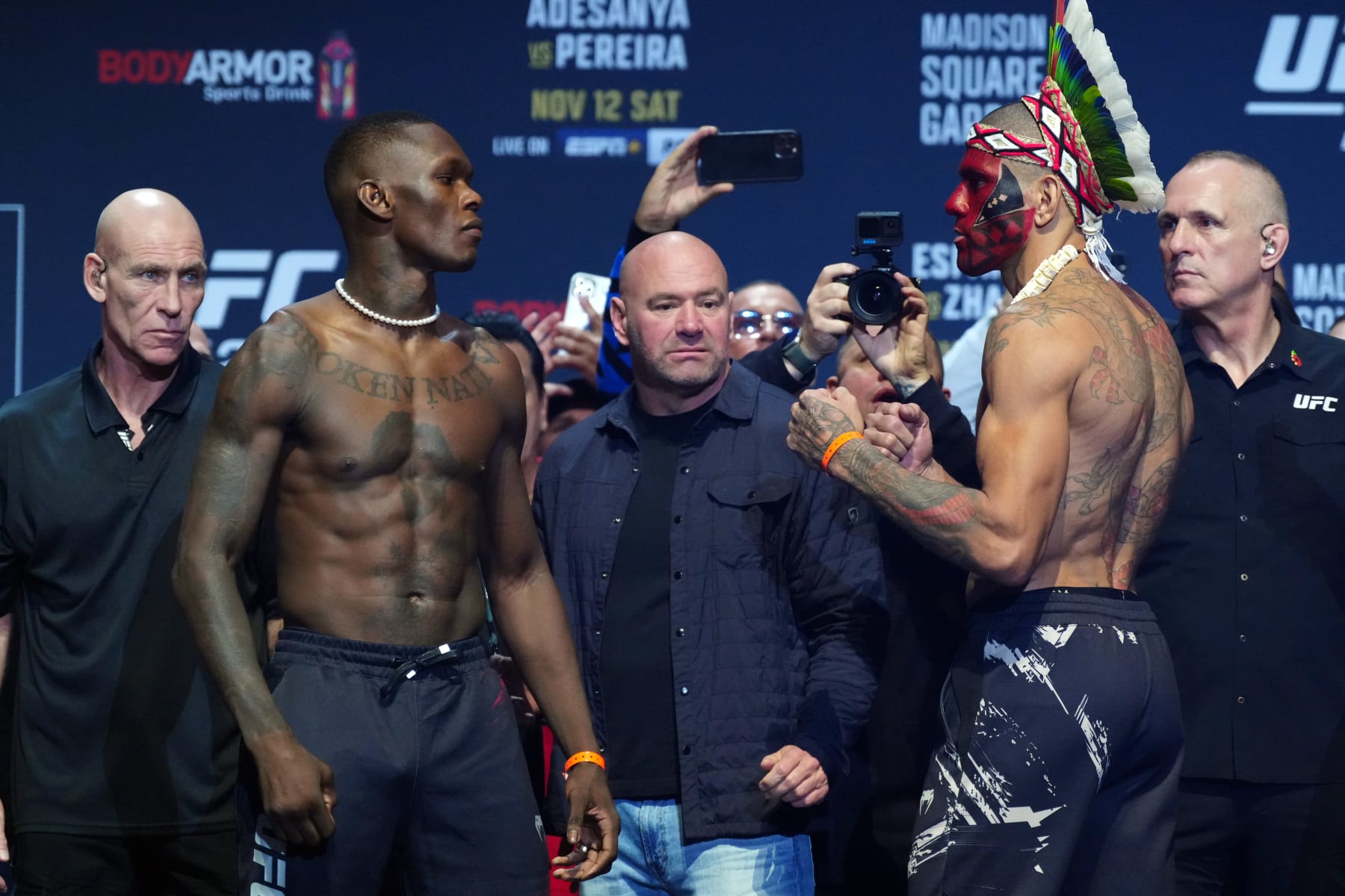 NEW YORK, NEW YORK - NOVEMBER 11: (L-R) Opponents Israel Adesanya of Nigeria and Alex Pereira of Brazil face off during the UFC 281 ceremonial weigh-in at Radio City Music Hall on November 11, 2022 in New York City. (Photo by Jeff Bottari/Zuffa LLC)