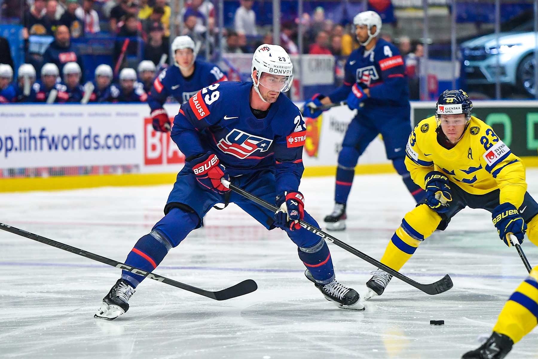 OSTRAVA, CZECH REPUBLIC - MAY 10: Brock Nelson of USA in action during the 2024 IIHF Ice Hockey World Championship match between Sweden and United States on May 10, 2024 in Ostrava, Czech Republic. (Photo by PressFocus/MB Media/Getty Images)
