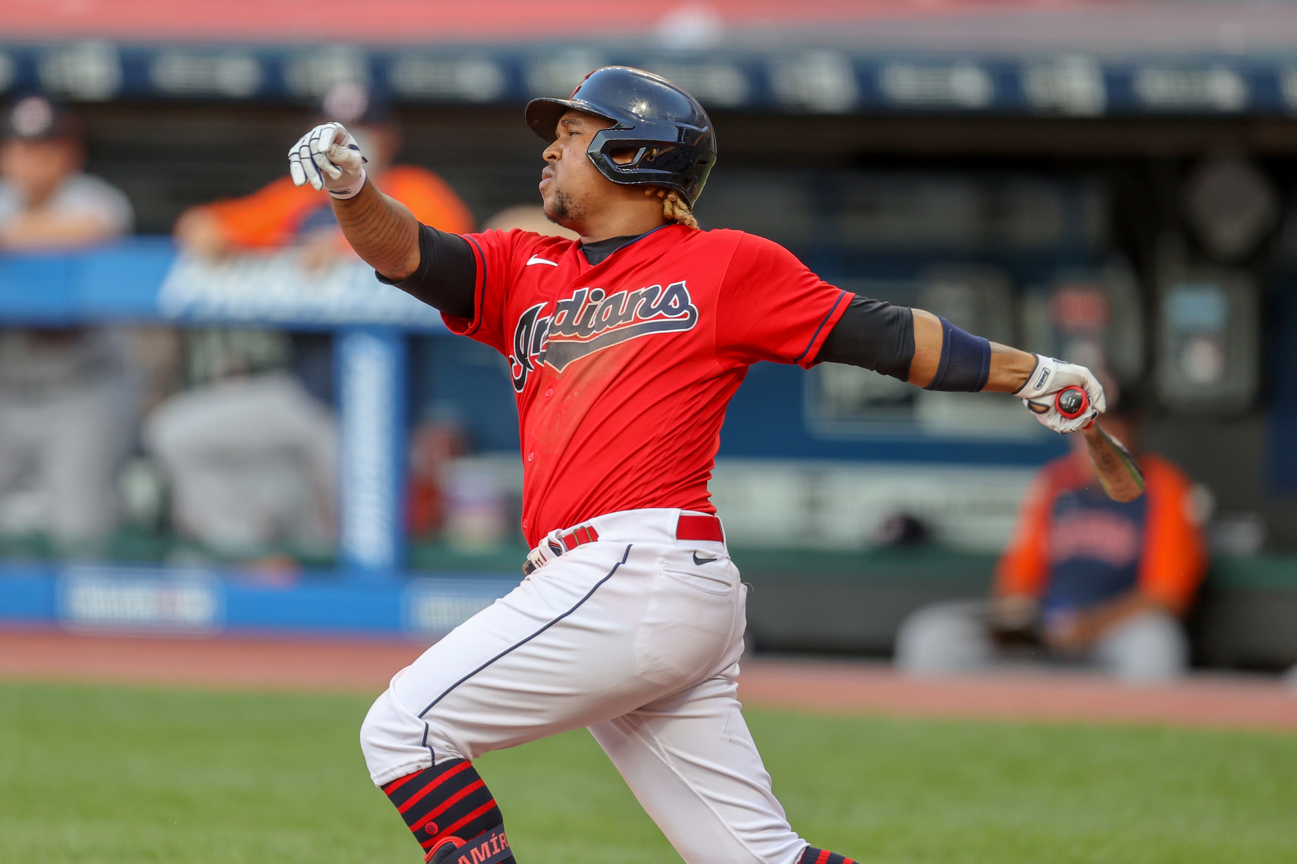 CLEVELAND, OH - JULY 01: Cleveland Indians third baseman Jose Ramirez (11) doubles to left during the third inning of the Major League Baseball game between the Houston Astros and Cleveland Indians on July 1, 2021, at Progressive Field in Cleveland, OH. (Photo by Frank Jansky/Icon Sportswire via Getty Images)