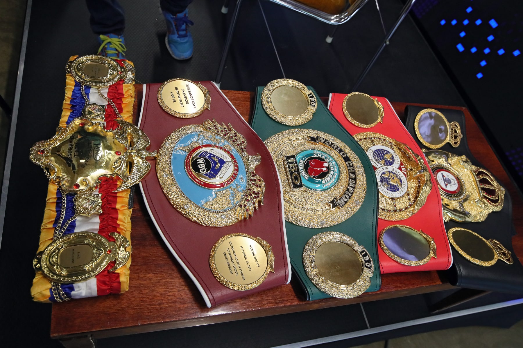 KYIV, UKRAINE - SEPTEMBER 02, 2022 - Boxing belts of an IBF, WBA, WBO, IBO and The Ring world heavyweight champion Oleksandr Usyk, Kyiv, capital of Ukraine. (Photo credit should read Pavlo Bahmut/ Ukrinform/Future Publishing via Getty Images)
