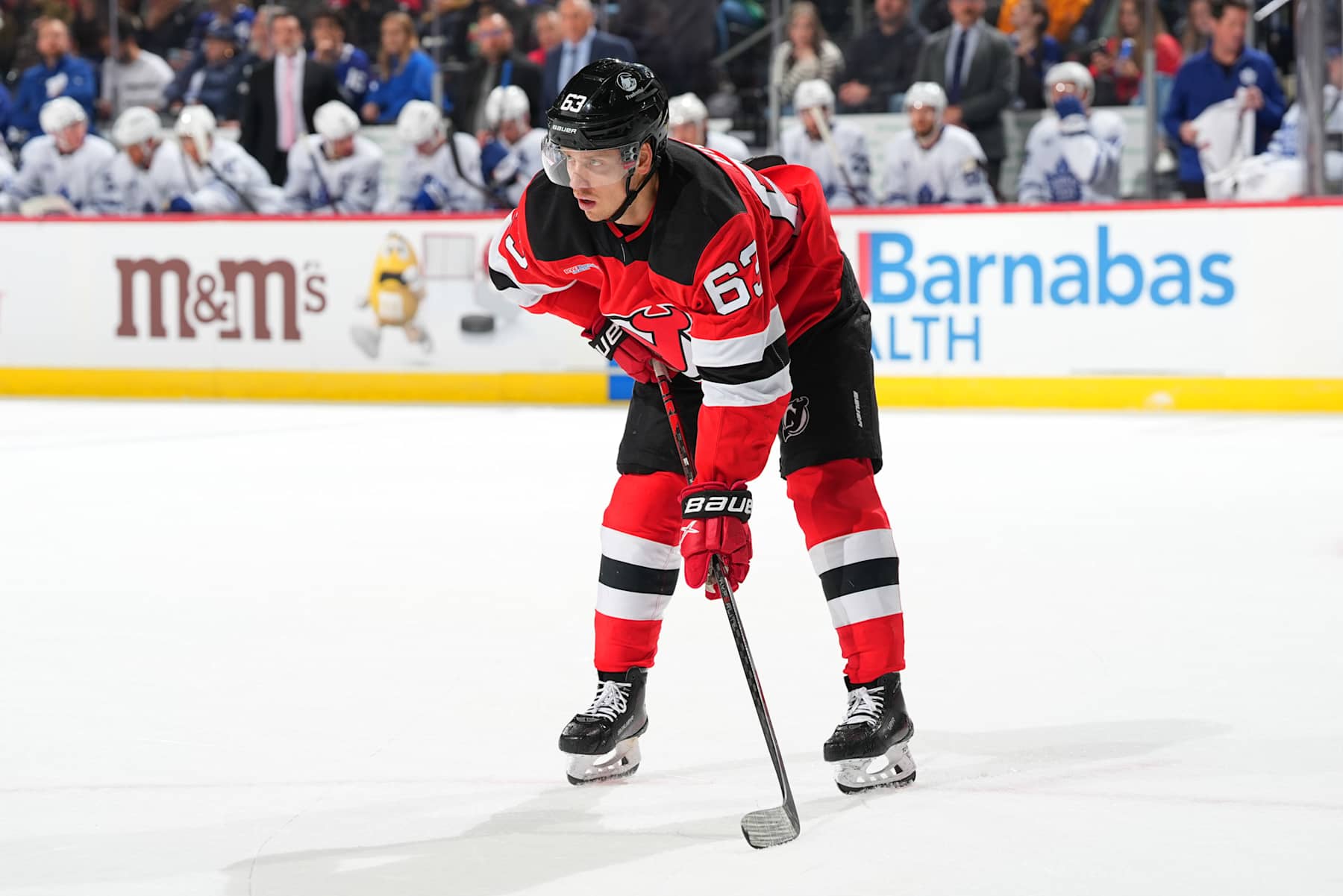 NEWARK, NJ - DECEMBER 10: Jesper Bratt #63 of the New Jersey Devils skates in the first period of the game against the Toronto Maple Leafs at the Prudential Center on December 10, 2024 in Newark, New Jersey.  (Photo by Rich Graessle/NHLI via Getty Images)