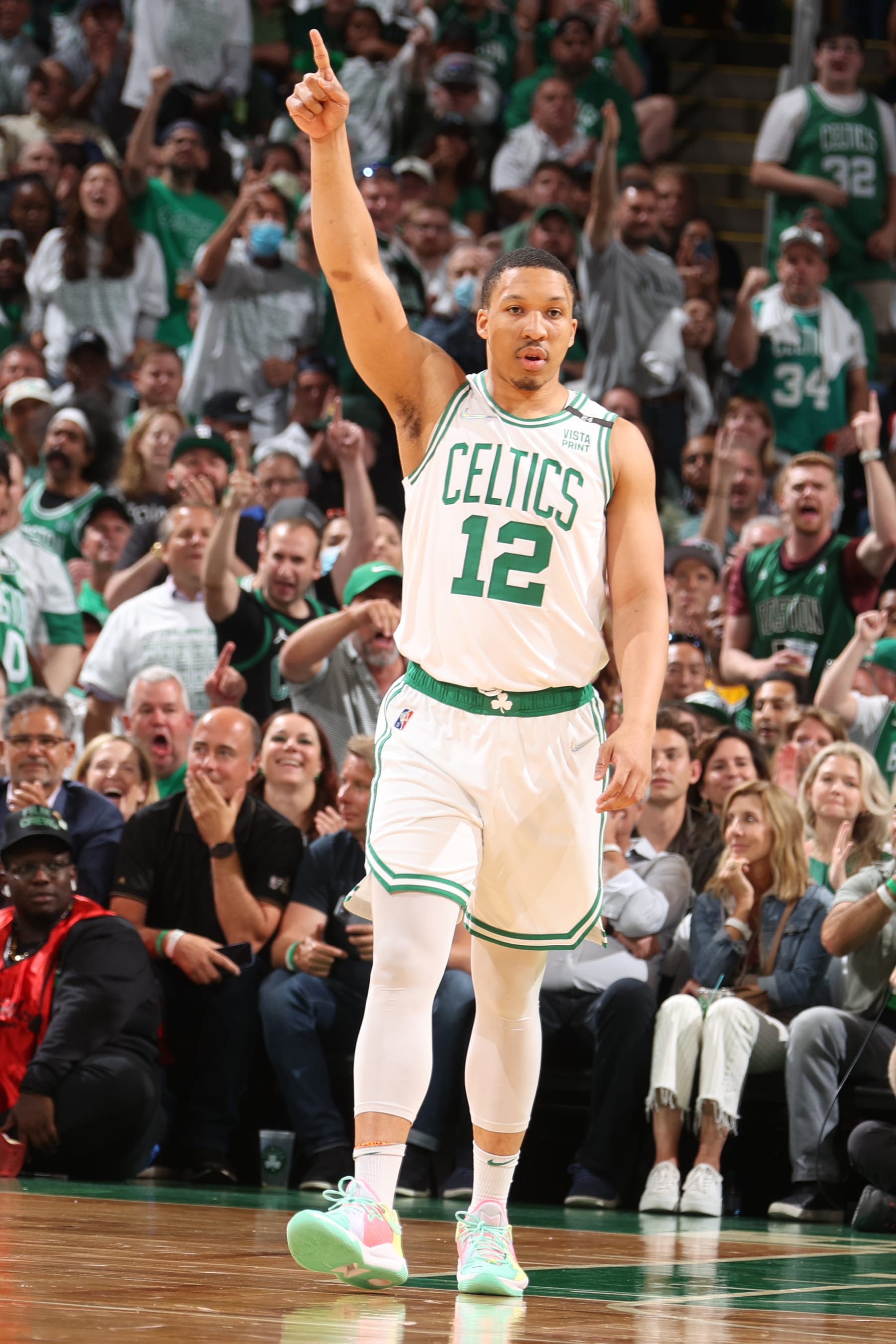 BOSTON, MA - JUNE 10: Grant Williams #12 of the Boston Celtics celebrates during Game Four of the 2022 NBA Finals on June 10, 2022 at TD Garden in Boston, Massachusetts. NOTE TO USER: User expressly acknowledges and agrees that, by downloading and or using this photograph, user is consenting to the terms and conditions of Getty Images License Agreement. Mandatory Copyright Notice: Copyright 2022 NBAE (Photo by Nathaniel S. Butler/NBAE via Getty Images)
