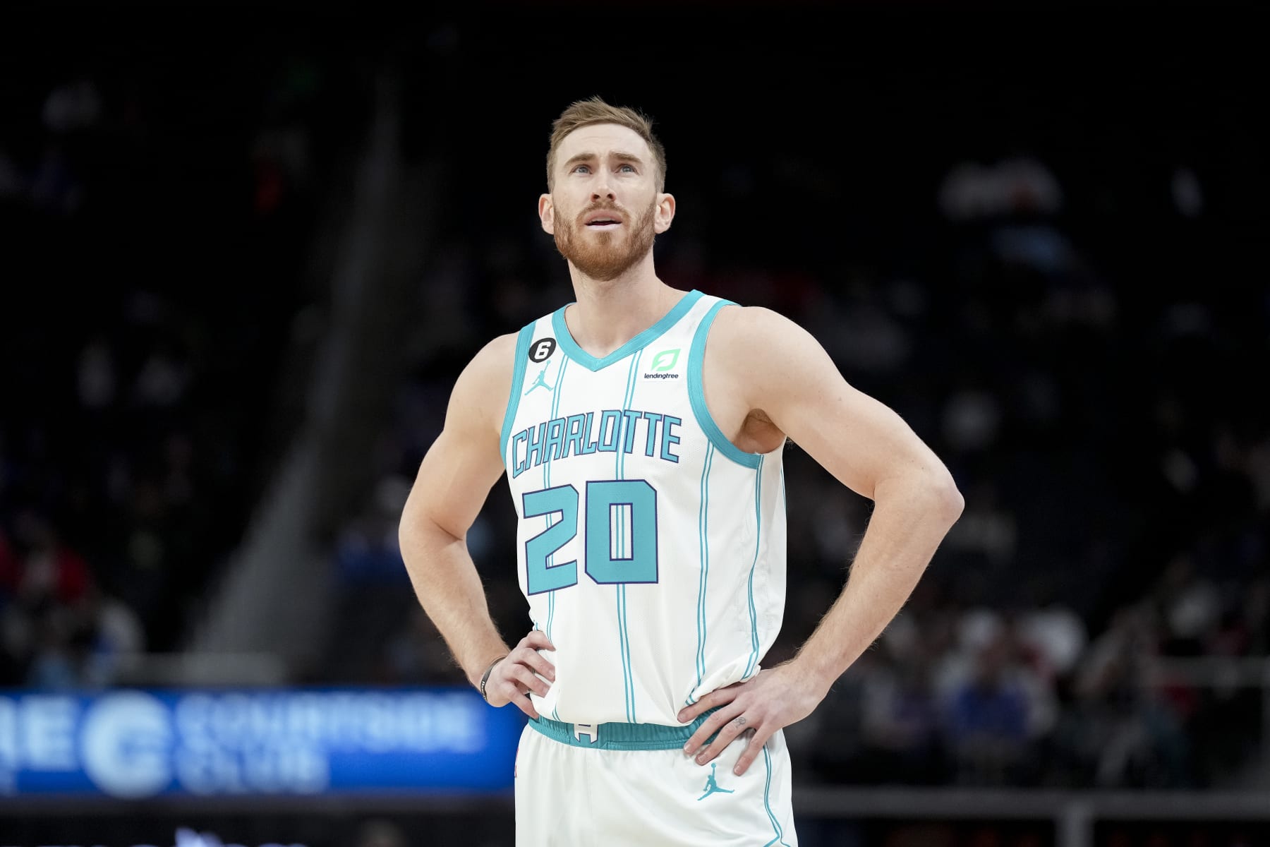 DETROIT, MICHIGAN - MARCH 09: Gordon Hayward #20 of the Charlotte Hornets looks on against the Detroit Pistons at Little Caesars Arena on March 09, 2023 in Detroit, Michigan. NOTE TO USER: User expressly acknowledges and agrees that, by downloading and or using this photograph, User is consenting to the terms and conditions of the Getty Images License Agreement. (Photo by Nic Antaya/Getty Images)
