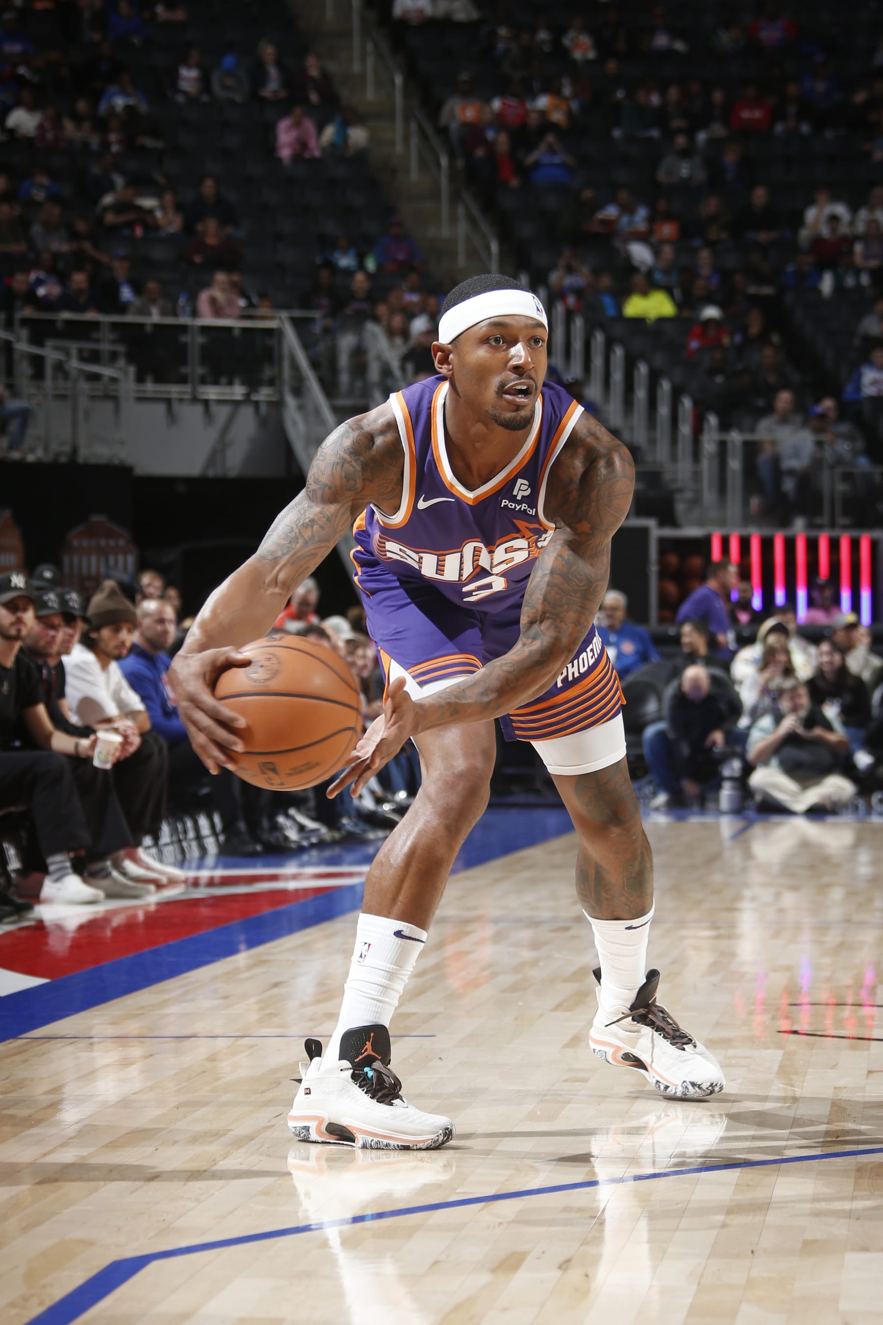DETROIT, MI - OCTOBER 8: Bradley Beal #3 of the Phoenix Suns looks to pass the ball during the game against the Detroit Pistons on October 8, 2023 at Little Caesars Arena in Detroit, Michigan. NOTE TO USER: User expressly acknowledges and agrees that, by downloading and/or using this photograph, User is consenting to the terms and conditions of the Getty Images License Agreement. Mandatory Copyright Notice: Copyright 2023 NBAE (Photo by Brian Sevald/NBAE via Getty Images)