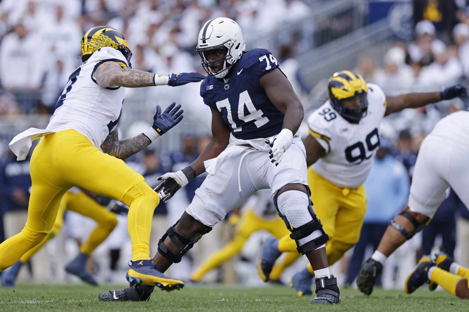 UNIVERSITY PARK, PA - NOVEMBER 11: Penn State Nittany Lions offensive lineman Olumuyiwa Fashanu (74) blocks during a college football game against the Michigan Wolverines on November 11, 2023 at Beaver Stadium in University Park, Pennsylvania. (Photo by Joe Robbins/Icon Sportswire via Getty Images)