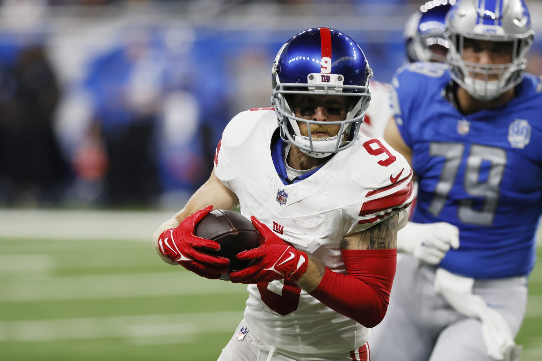 New York Giants wide receiver Cole Beasley runs during the first half of an NFL preseason football game, Friday, Aug. 11, 2023, in Detroit. (AP Photo/Duane Burleson)