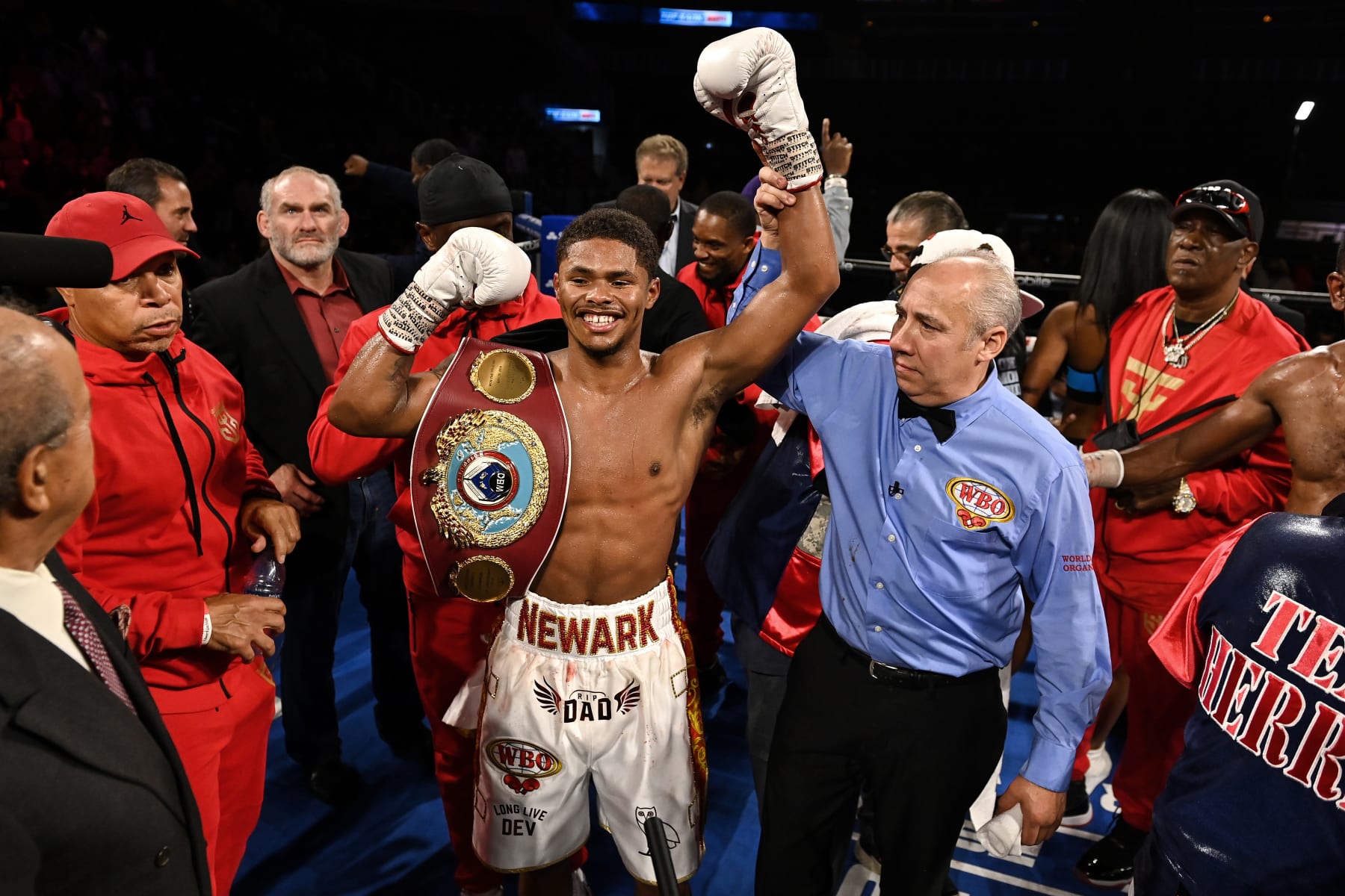ATLANTA, GA - OCTOBER 23:  Shakur Stevenson celebrates his technical knockout over Jamel Herring in their lightweight fight at State Farm Arena on October 23, 2021 in Atlanta, Georgia. (Photo by Brandon Magnus/Getty Images)