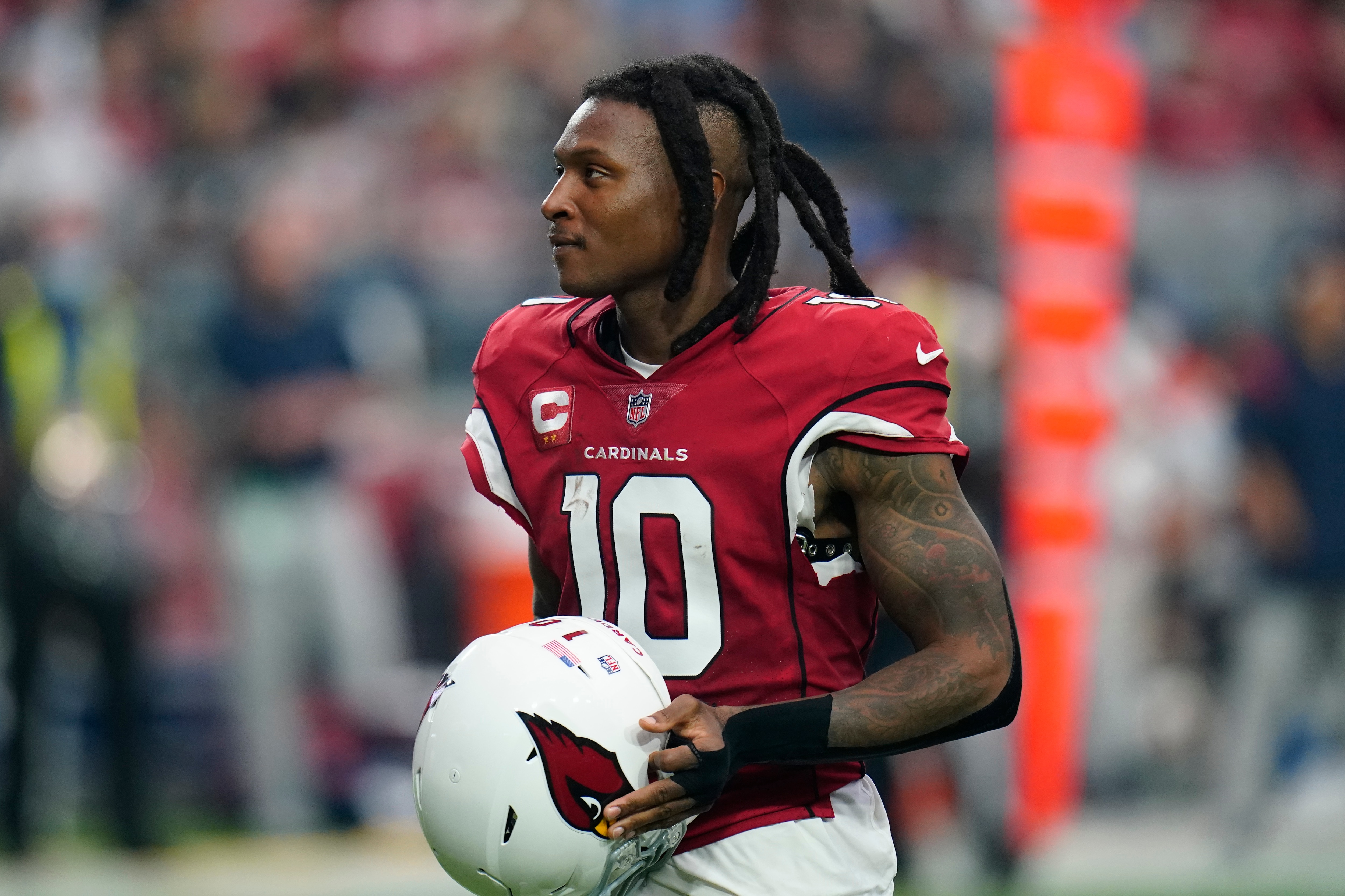 Arizona Cardinals wide receiver DeAndre Hopkins (10) against the Houston Texans during the second half of an NFL football game, Sunday, Oct. 24, 2021, in Glendale, Ariz. (AP Photo/Ross D. Franklin)
