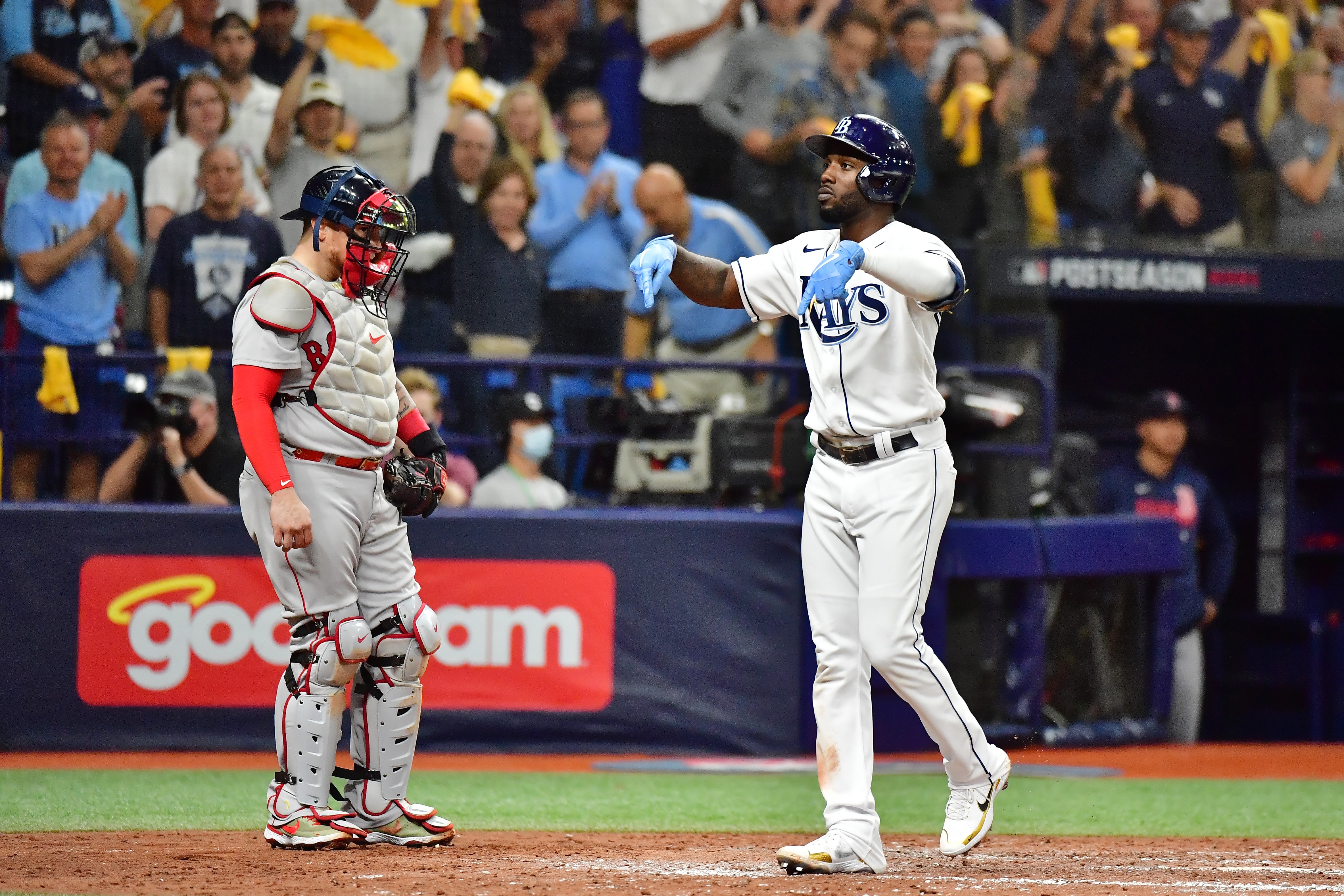 ST PETERSBURG, FLORIDA - OCTOBER 07: Randy Arozarena #56 of the Tampa Bay Rays celebrates his solo homerun in the fifth inning against the Boston Red Sox during Game 1 of the American League Division Series at Tropicana Field on October 07, 2021 in St Petersburg, Florida. (Photo by Julio Aguilar/Getty Images)
