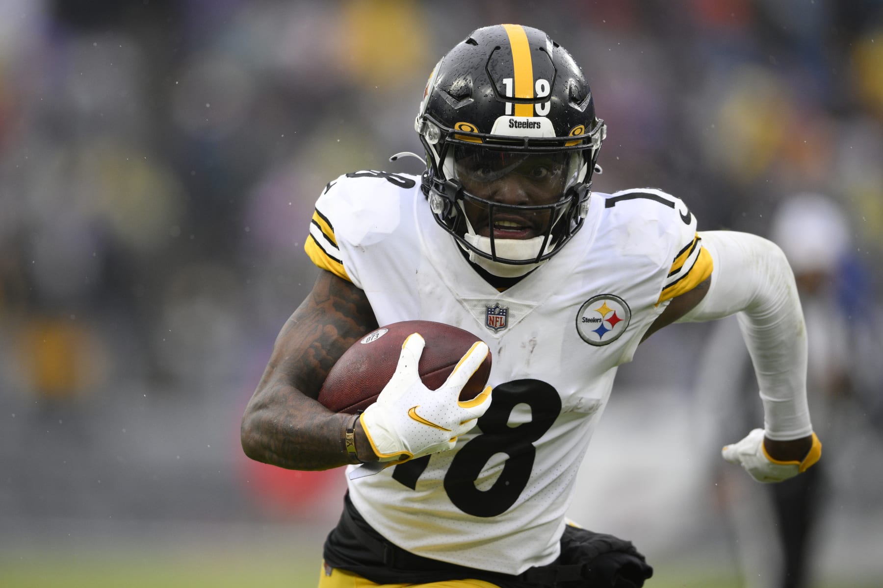 Pittsburgh Steelers wide receiver Diontae Johnson (18) in action during the second half of an NFL football game against the Baltimore Ravens, Sunday, Jan. 9, 2022, in Baltimore. (AP Photo/Nick Wass)