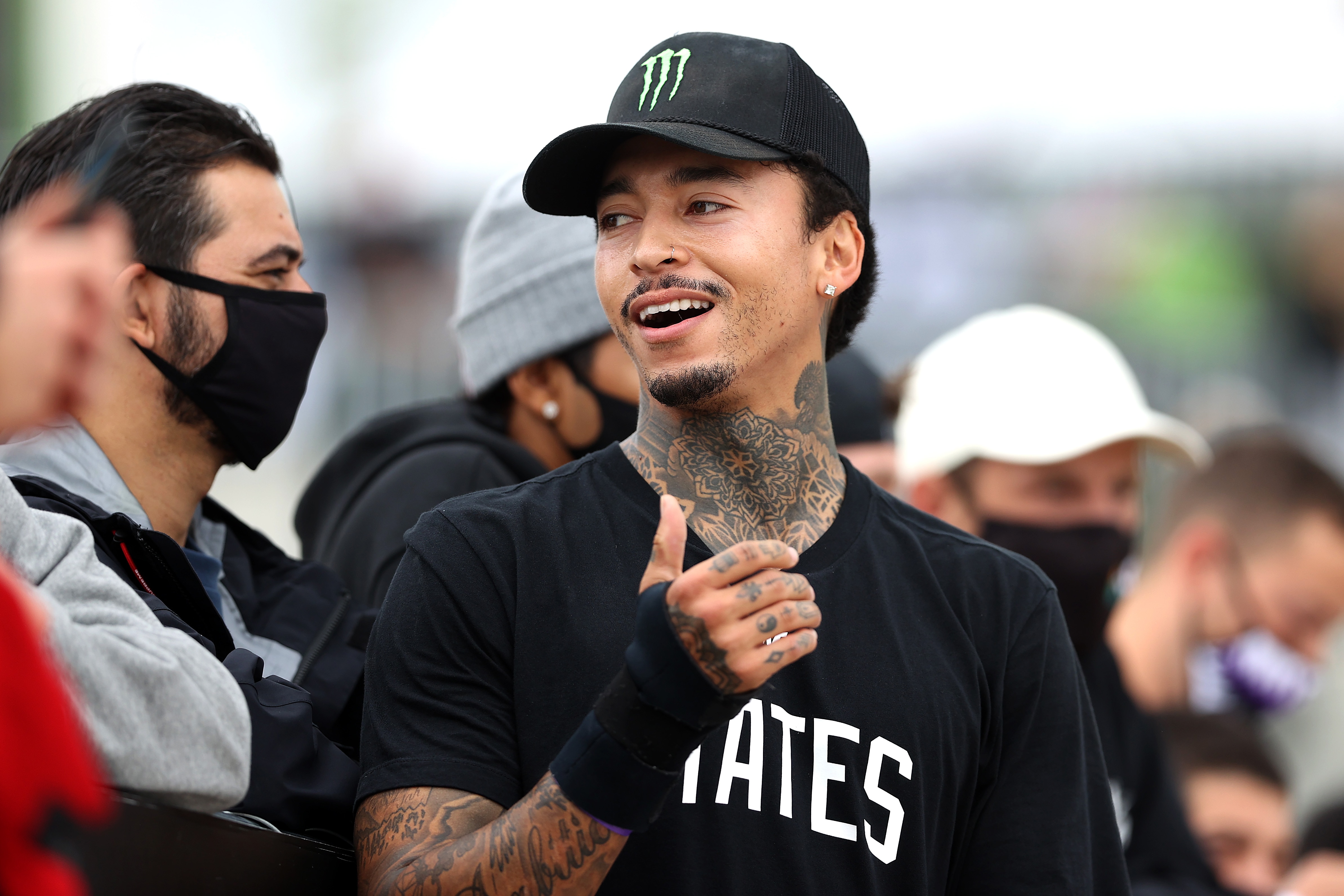 DES MOINES, IOWA - MAY 20:  Nyjah Huston looks on during practice for the Men's Pre-seeded Street competition during the 2021 Dew Tour on on May 20, 2021 in Des Moines, Iowa. (Photo by Sean M. Haffey/Getty Images)