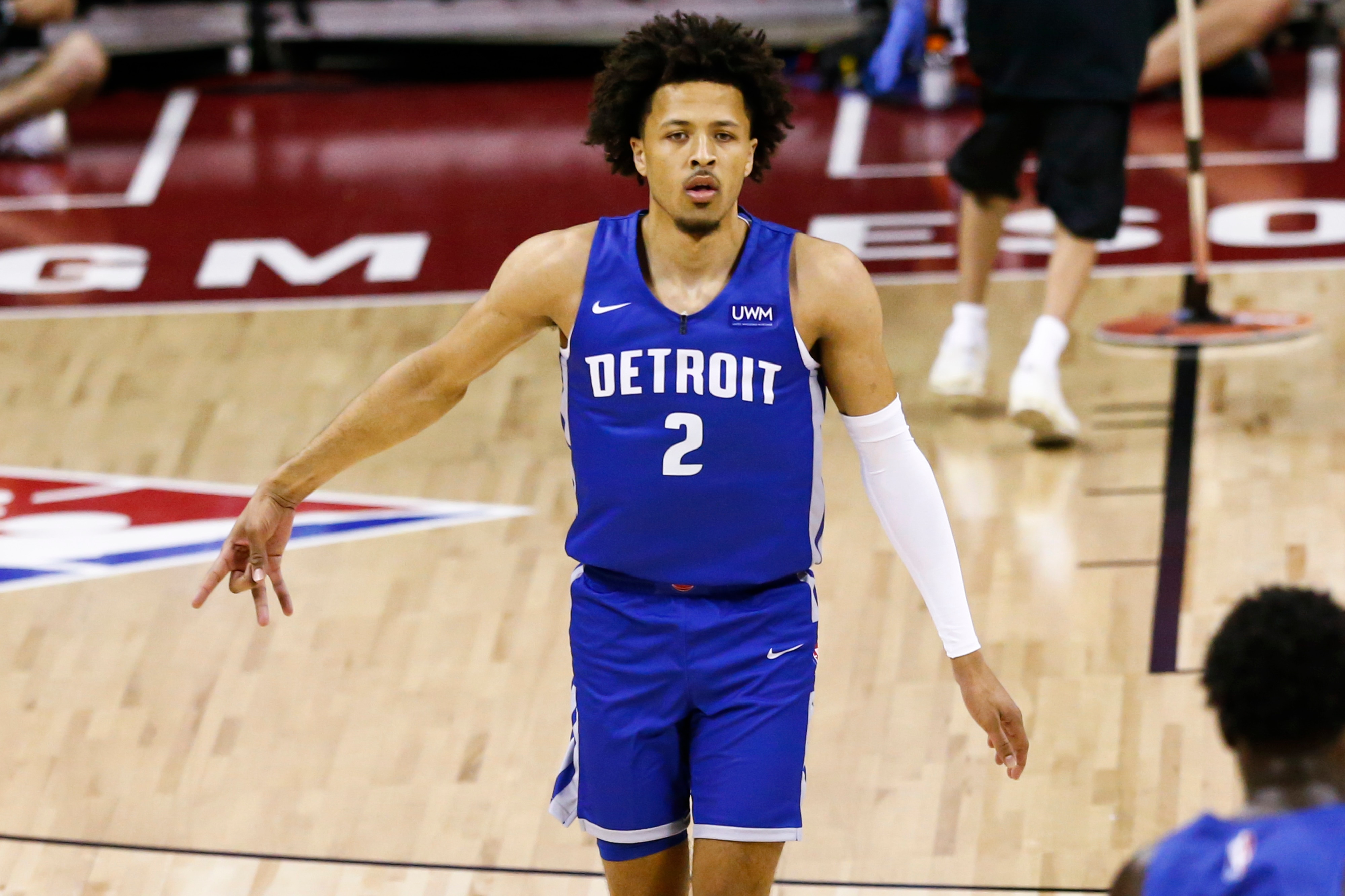 Detroit Pistons' Cade Cunningham celebrates a 3-point shot against the Houston Rockets during the first half of an NBA summer league basketball game Tuesday, Aug. 10, 2021, in Las Vegas. (AP Photo/Chase Stevens)