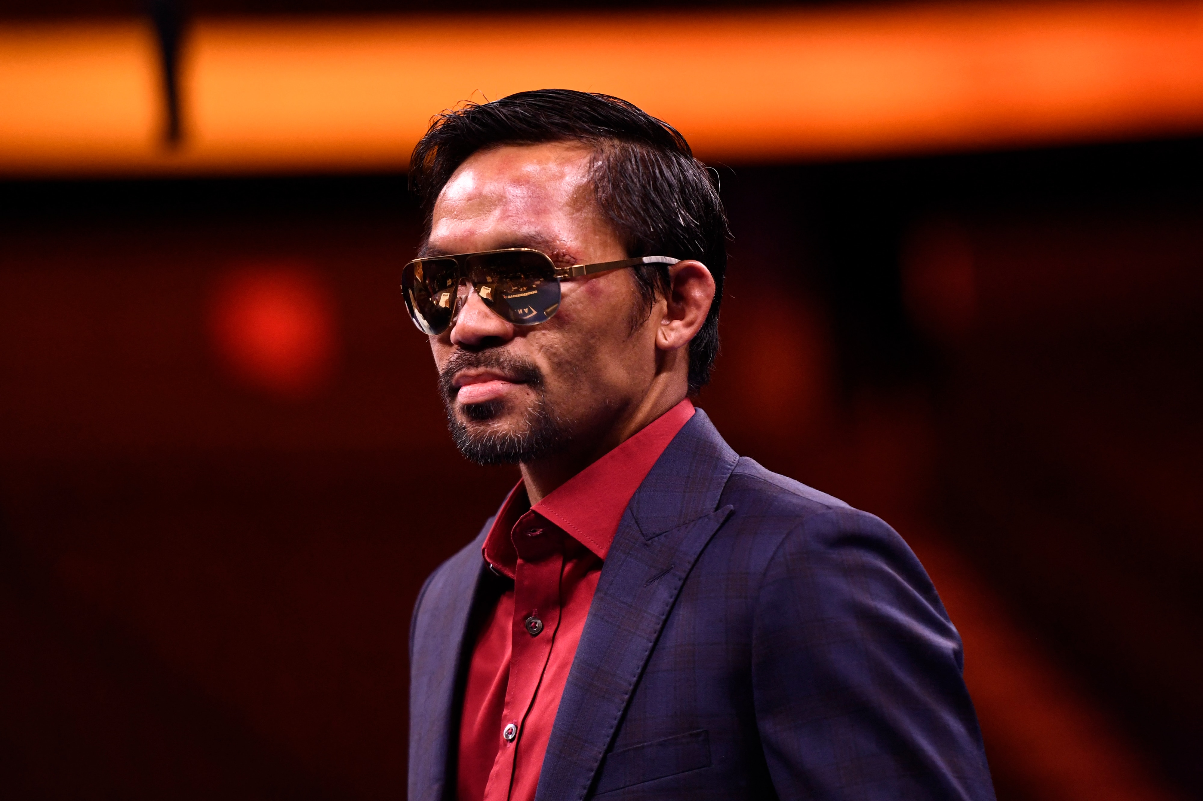 Manny Pacquiao of the Philippines speaks during a press conference after his defeat to Yordenis Ugas of Cuba in the WBA Welterweight Championship boxing match at T-Mobile Arena in Las Vegas on August 21, 2021. (Photo by Patrick T. FALLON / AFP) (Photo by PATRICK T. FALLON/AFP via Getty Images)
