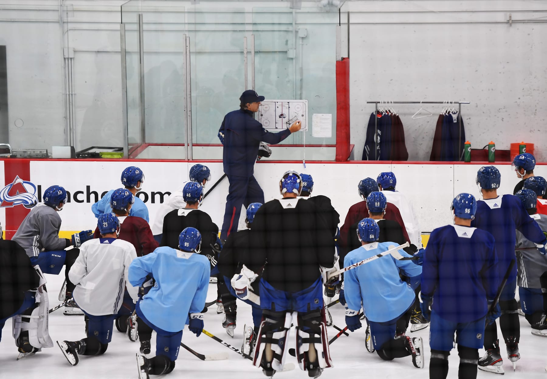 ENGLEWOOD, COLORADO - SEPTEMBER 27: Jared Bednar goes over drills during practice of the final day of the Colorado Avalanche training camp at Family Sports Center on September 27, 2021 in Englewood, Colorado. (Photo by RJ Sangosti/MediaNews Group/The Denver Post via Getty Images)