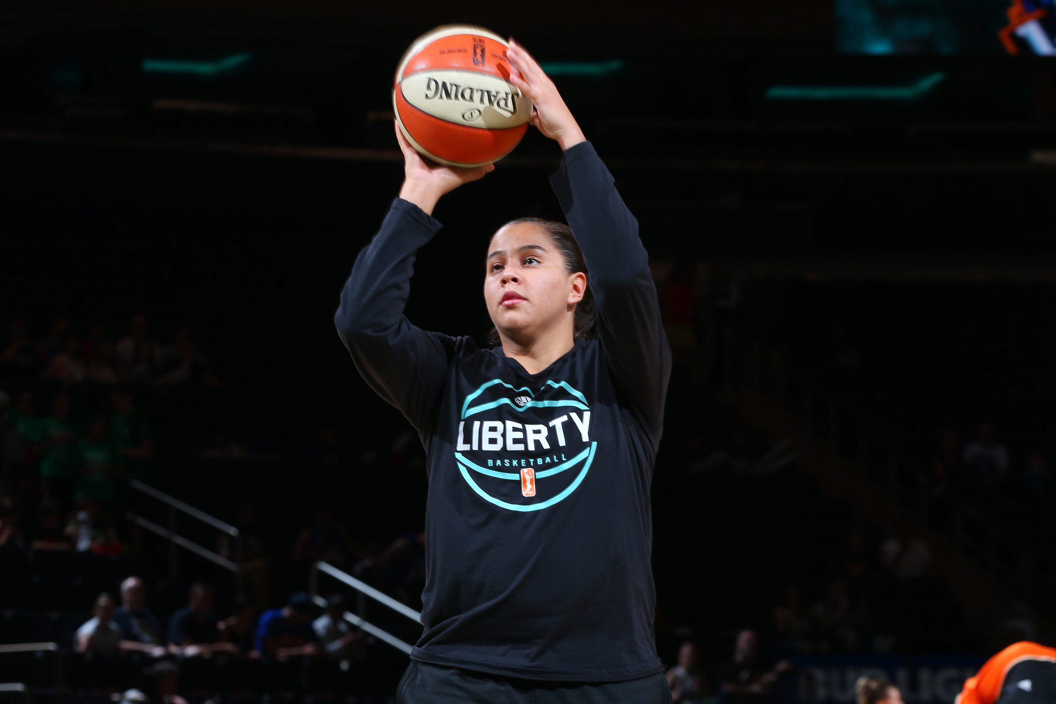 NEW YORK, NY - JULY 21:  Shoni Schimmel #5 of the New York Liberty warms up before the game against the Indiana Fever on July 21, 2016 at Madison Square Garden in New York, New York. NOTE TO USER: User expressly acknowledges and agrees that, by downloading and or using this Photograph, user is consenting to the terms and conditions of the Getty Images License Agreement. Mandatory Copyright Notice: Copyright 2016 NBAE (Photo by Mike Stobe/NBAE via Getty Images)