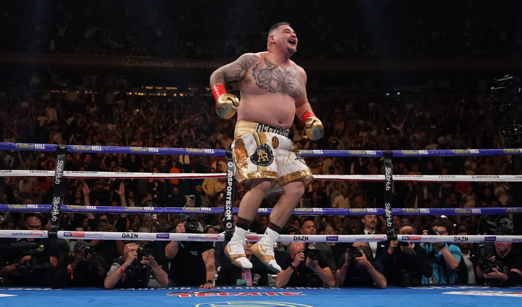 TOPSHOT - Andy Ruiz of the US celebrates after knocking down Anthony Joshua from England in the 7th round to win by TKO during their 12-round  IBF, WBA, WBO & IBO World Heavyweight Championship fight at Madison Square Garden in New York on June 1, 2019. (Photo by TIMOTHY A. CLARY / AFP)        (Photo credit should read TIMOTHY A. CLARY/AFP via Getty Images)