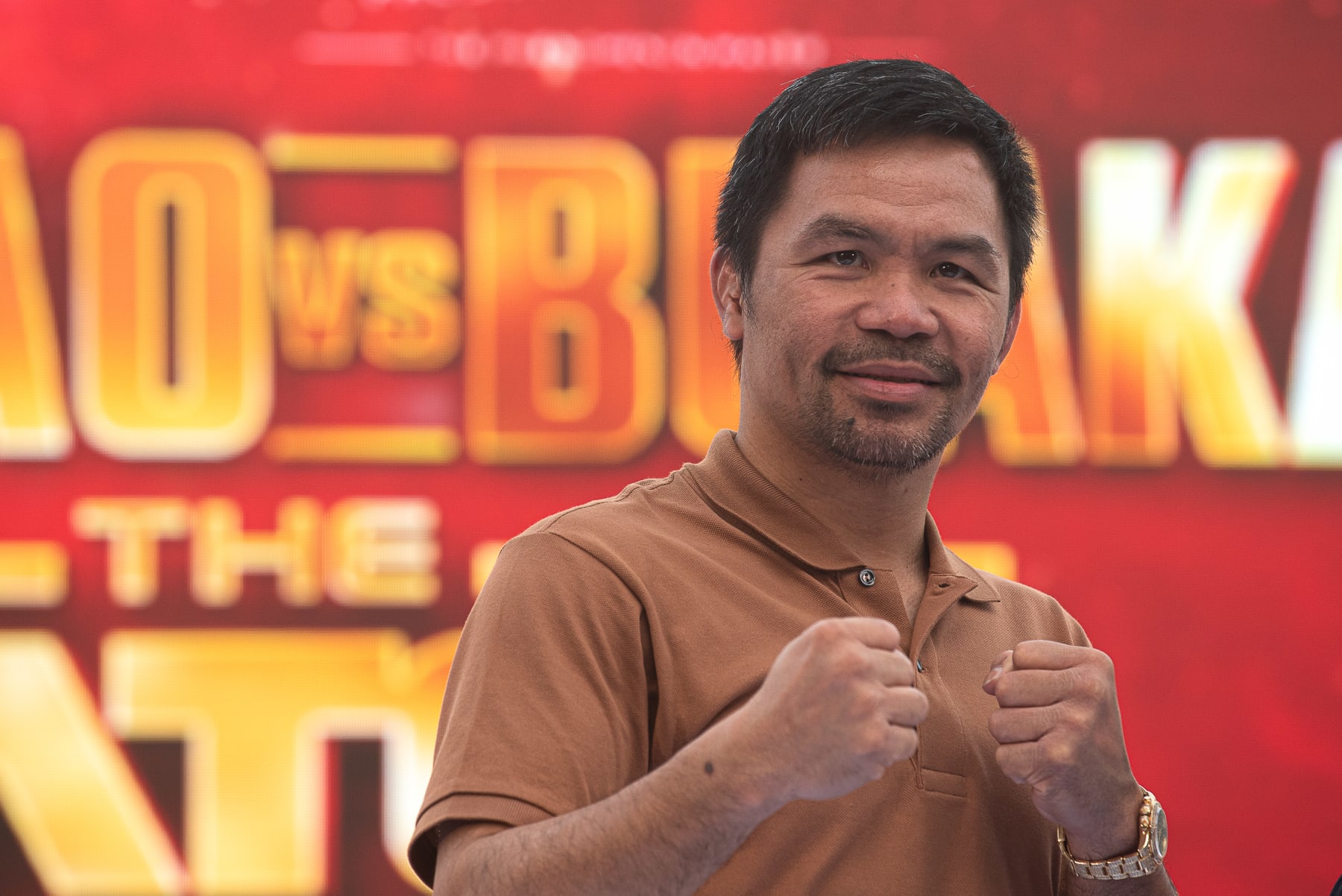 BANGKOK, THAILAND - 2023/07/21: Manny Pacquiao, a Filipino boxer poses for a photo to the media during a press conference for the exhibition boxing fight at Iconsiam in Bangkok. The exhibition boxing fight "The Match of Legends" between Manny Pacquiao, a Filipino boxer and Buakaw Banchamek, Muay Thai boxer will be held in Thailand in January 2024. (Photo by Peerapon Boonyakiat/SOPA Images/LightRocket via Getty Images)
