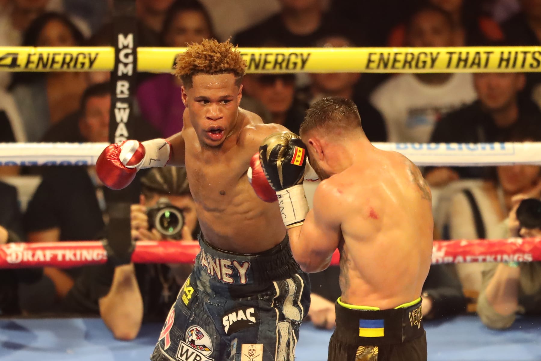 LAS VEGAS, NV - MAY 20: (L-R) Devin Haney punches Vasyl Lomachenko in their 12-round main-event Undisputed Lightweight Title bout at TopRank on ESPN - Haney v Loma at MGM Grand Garden Arena on May 20, 2023 in Las Vegas, NV. (Photo by Alejandro Salazar/PxImages/Icon Sportswire via Getty Images)