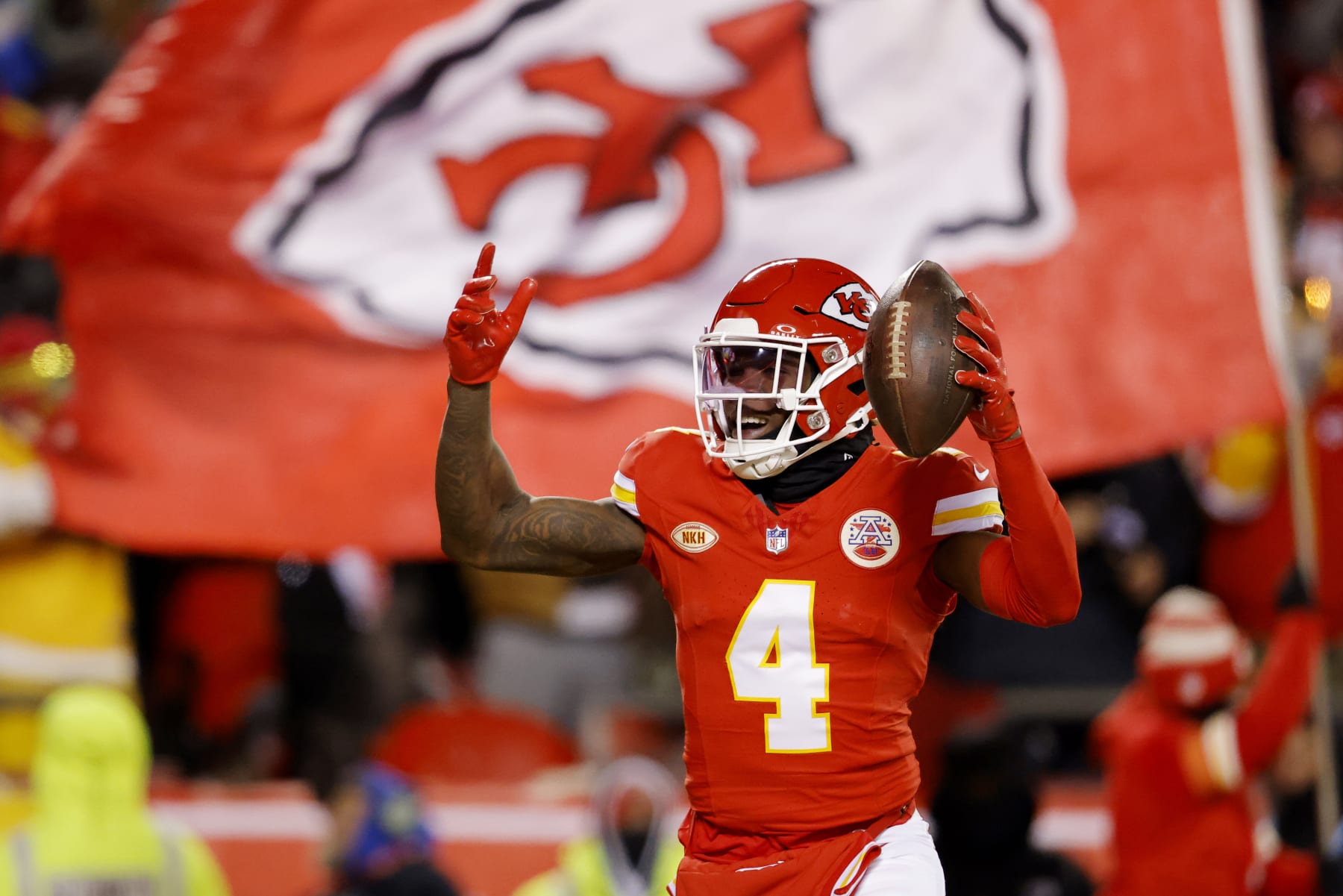 KANSAS CITY, MISSOURI - JANUARY 13: Rashee Rice #4 of the Kansas City Chiefs celebrates scoring a touchdown during the first quarter against the Miami Dolphins in the AFC Wild Card Playoffs at GEHA Field at Arrowhead Stadium on January 13, 2024 in Kansas City, Missouri. (Photo by David Eulitt/Getty Images)