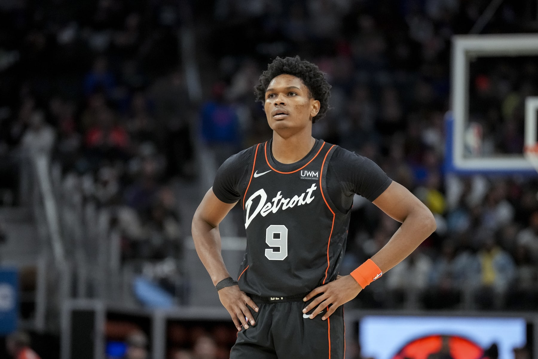DETROIT, MICHIGAN - DECEMBER 26: Ausar Thompson #9 of the Detroit Pistons looks on against the Brooklyn Nets at Little Caesars Arena on December 26, 2023 in Detroit, Michigan. NOTE TO USER: User expressly acknowledges and agrees that, by downloading and or using this photograph, User is consenting to the terms and conditions of the Getty Images License Agreement. (Photo by Nic Antaya/Getty Images)