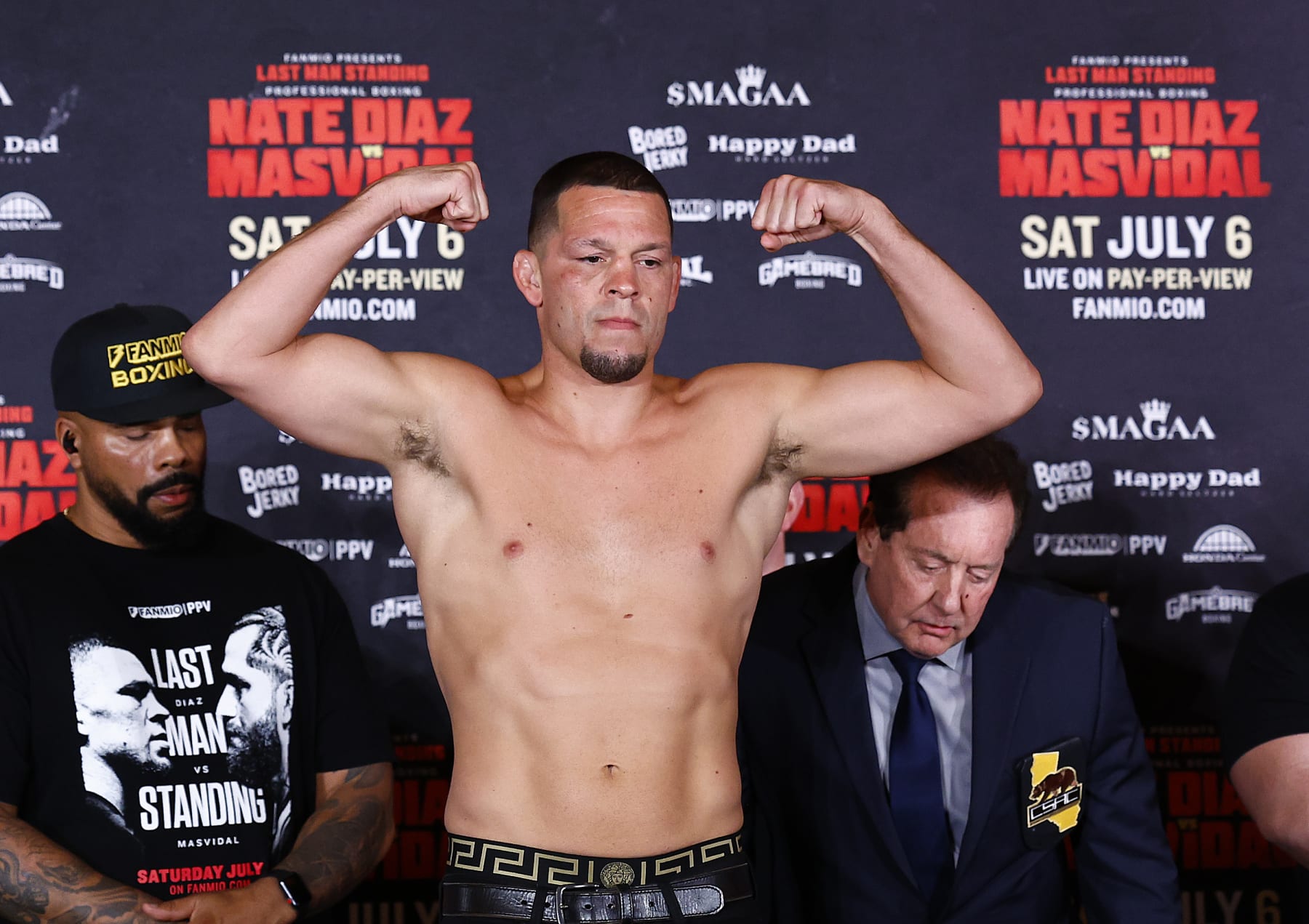 ANAHEIM, CALIFORNIA - JULY 05:  Nate Diaz during weigh-in ahead of Last Man Standing Nate Diaz v Jorge Masvidal at the JW Marriott Anaheim on July 05, 2024 in Anaheim, California.  (Photo by Ronald Martinez/Getty Images)